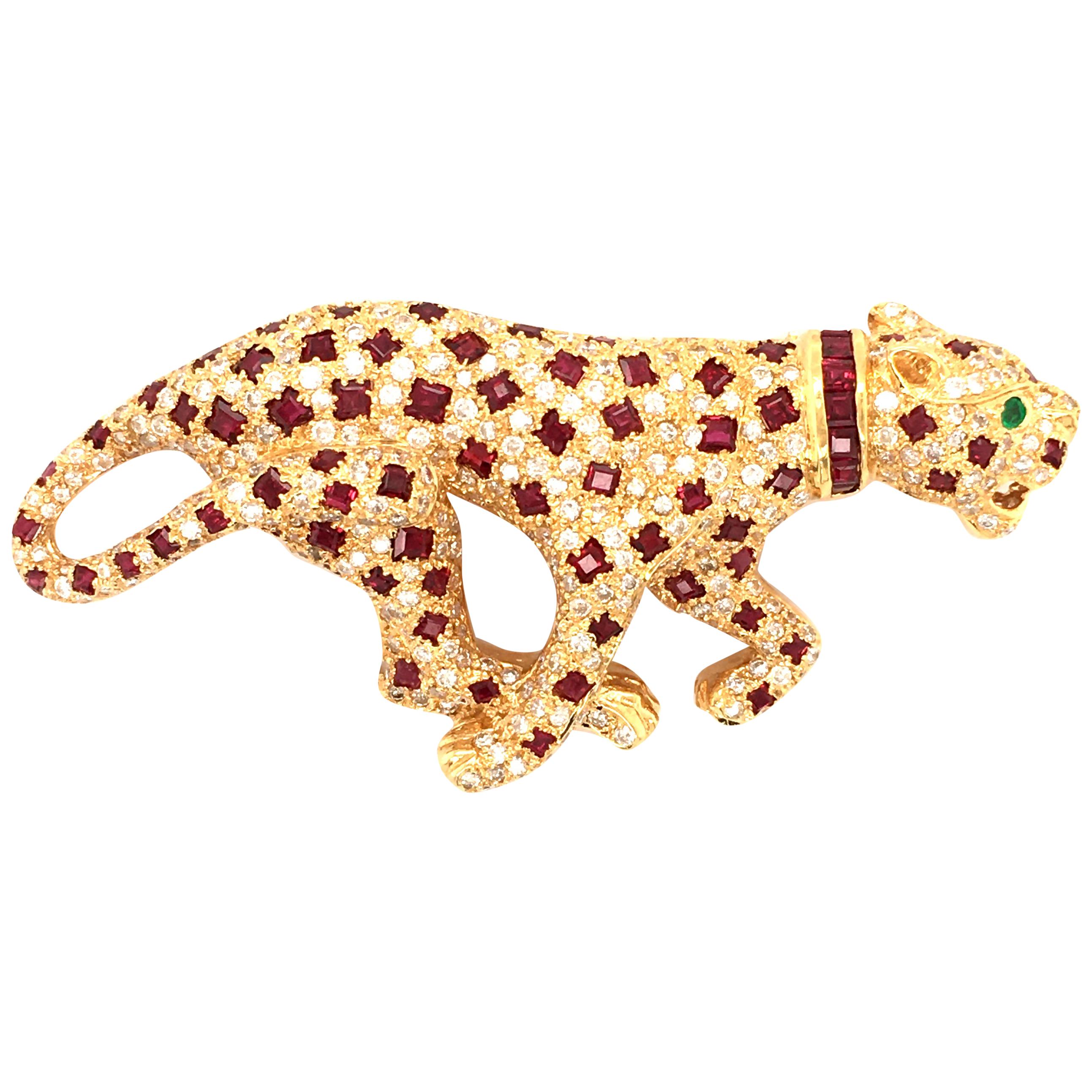 Unique Panther Brooch with Rubies and Diamonds in 18 Karat Yellow Gold