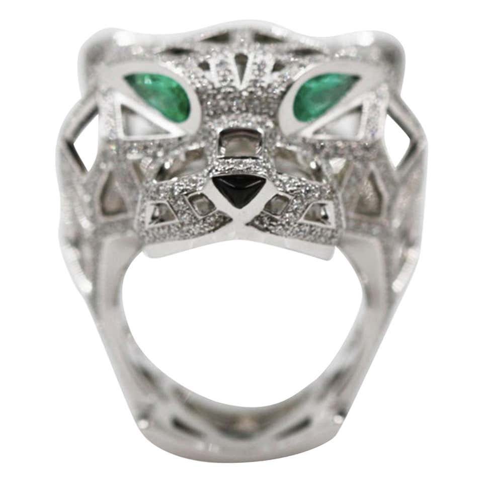 Unisex Cartier Diamond Onyx Emerald Eyes Panthere De Cartier Ring At unisex-cartier-diamond-onyx-emerald-eyes-panthere-de-cartier-ring-at