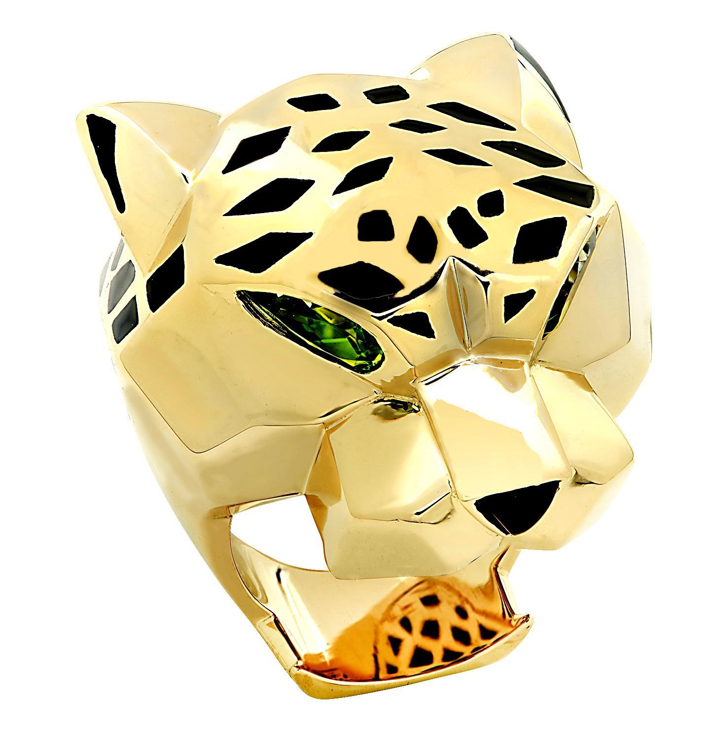 Panthère de Cartier Or jaune 18 carats Laque noire Bague Péridot Taille 53 I&P Excellent état - En vente à Boca Raton, FL