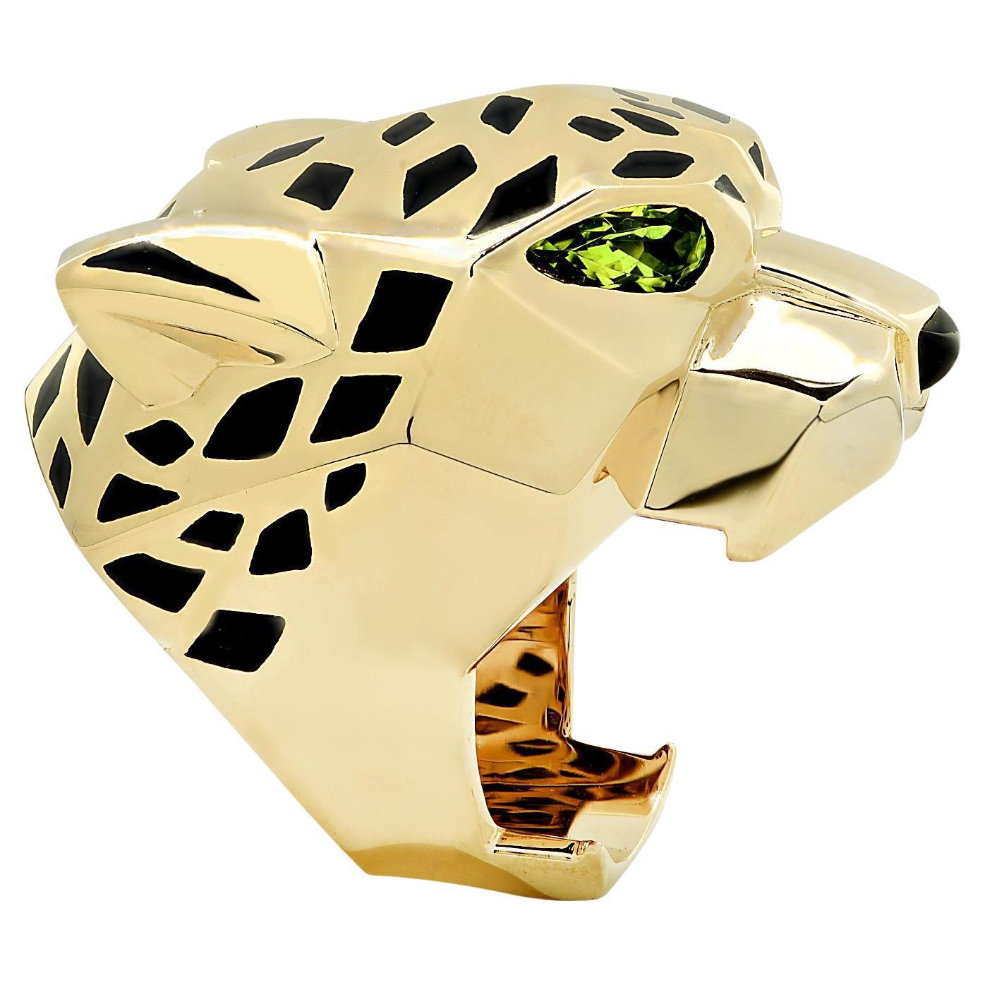 Panthère de Cartier 18 Karat Yellow Gold Black Lacquer Peridot Ring Size 53 B&P