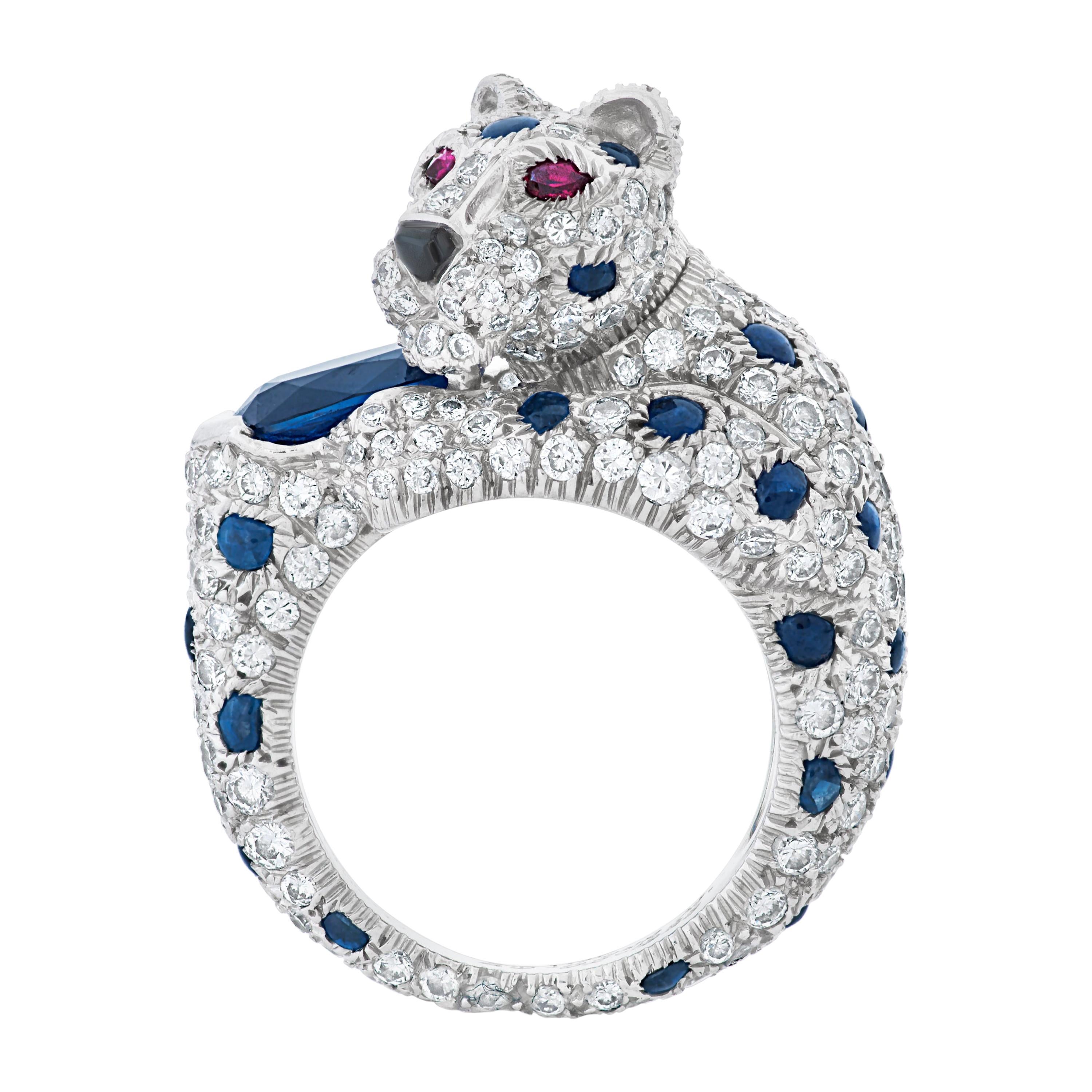 Panthere De Cartier 2.90 Carat Oval Sapphire, Diamond and Ruby Ring in Platinum
