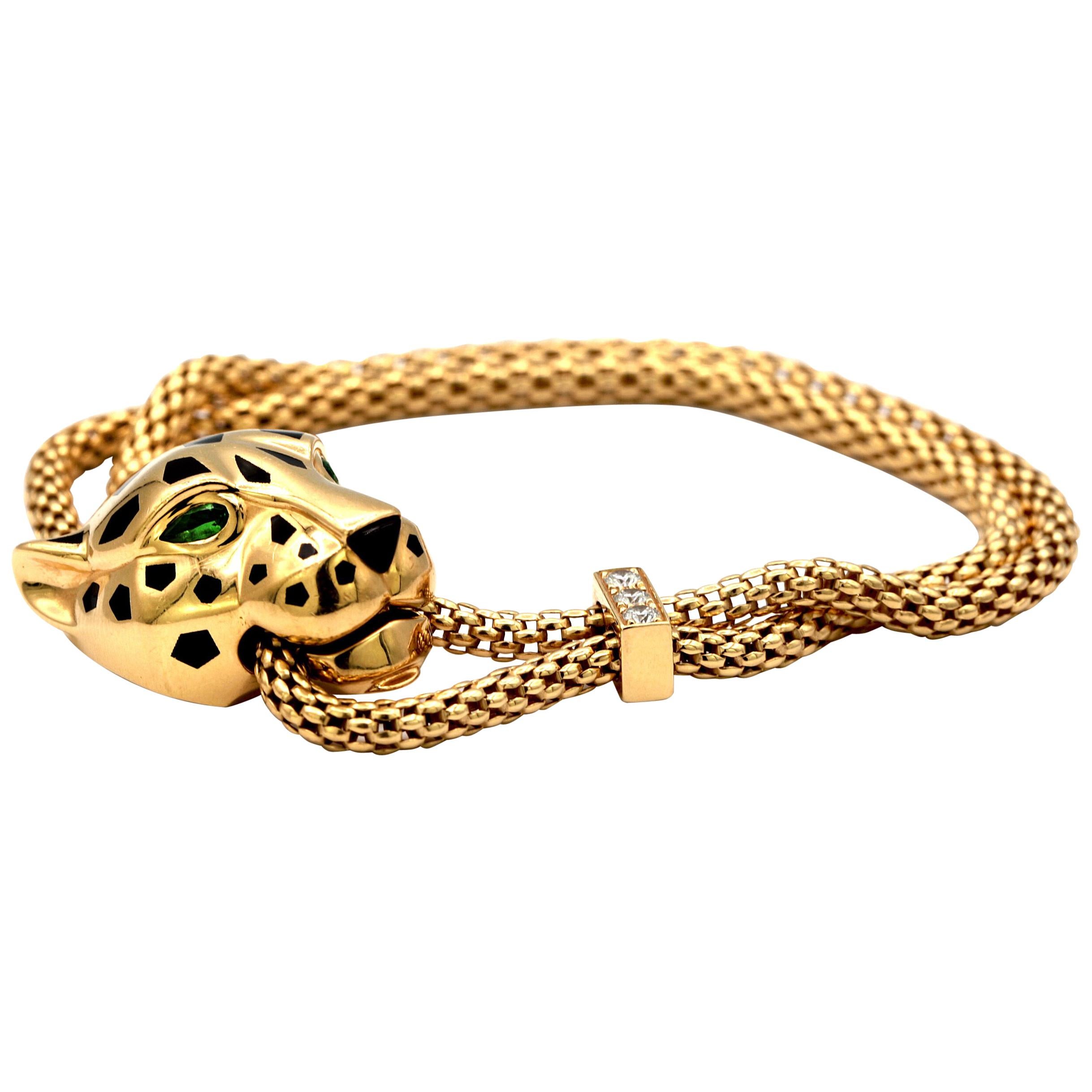 Panthère De Cartier Bracelet 18 Karat Gold with Diamonds and Tsavorite Garnets For Sale
