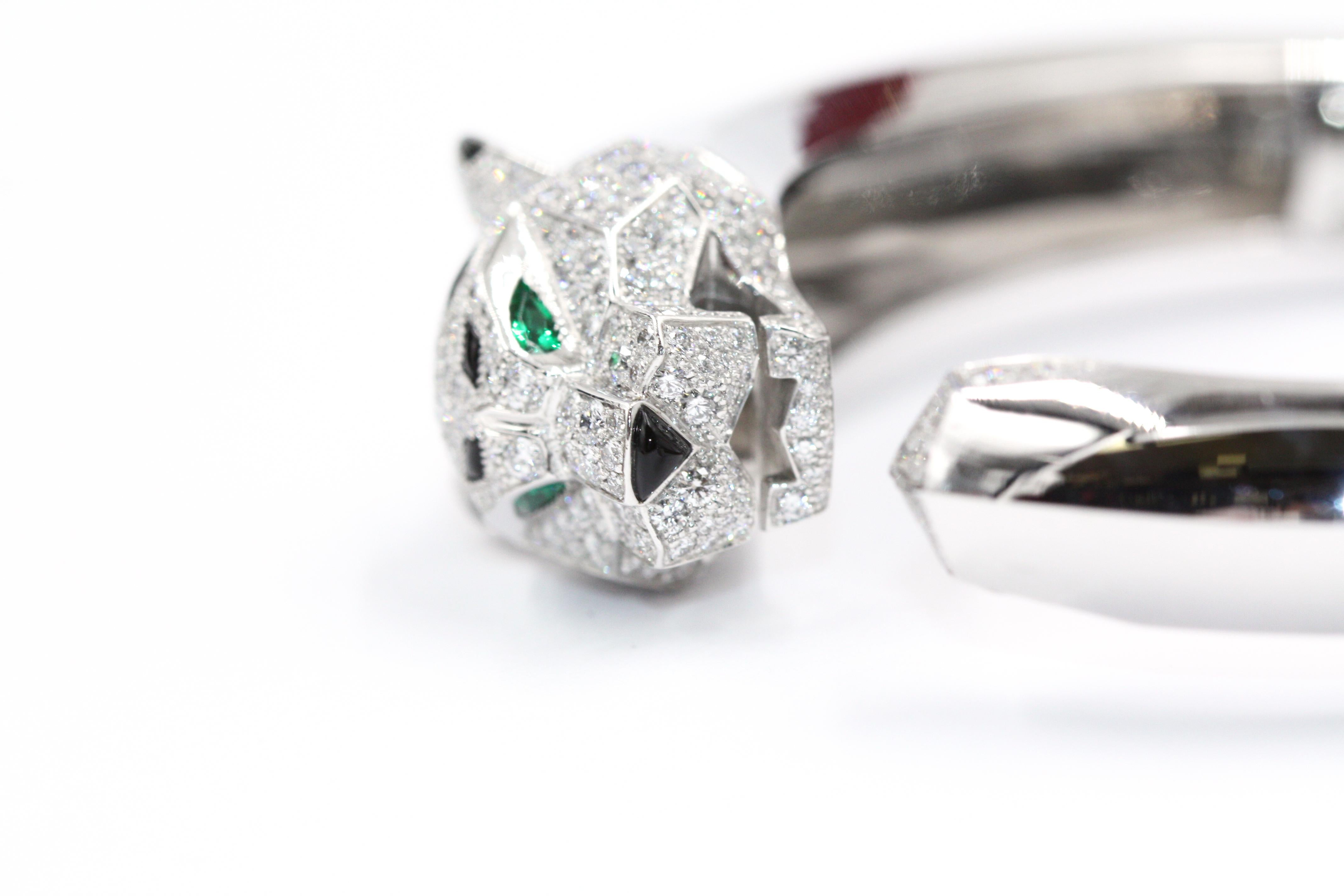 Panthère de Cartier Bracelet, 18 Karat White Gold, Diamonds, Emeralds, Onyx For Sale 1