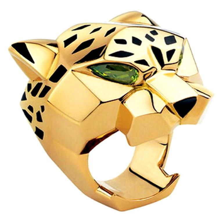 Panthère de Cartier Designer 18 Karat Yellow Gold Peridot Lacquer Panther Ring