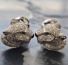 Panthere De Cartier Diamond Earrings Emerald Eyes Onyx Nose 18k White Gold Box