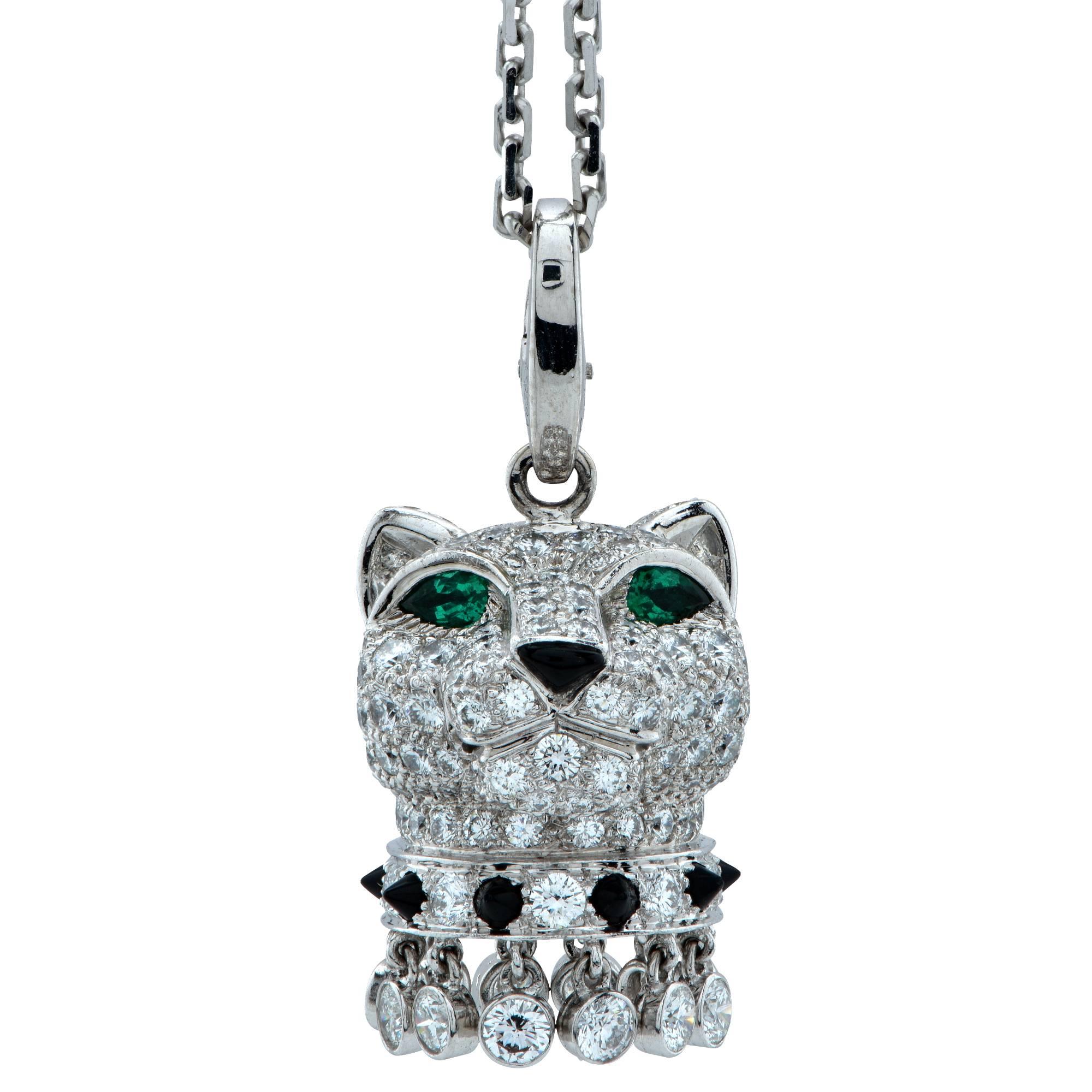 Modern Panthere de Cartier Diamond Emerald and Onyx 18 Karat Gold Panther Head Necklace