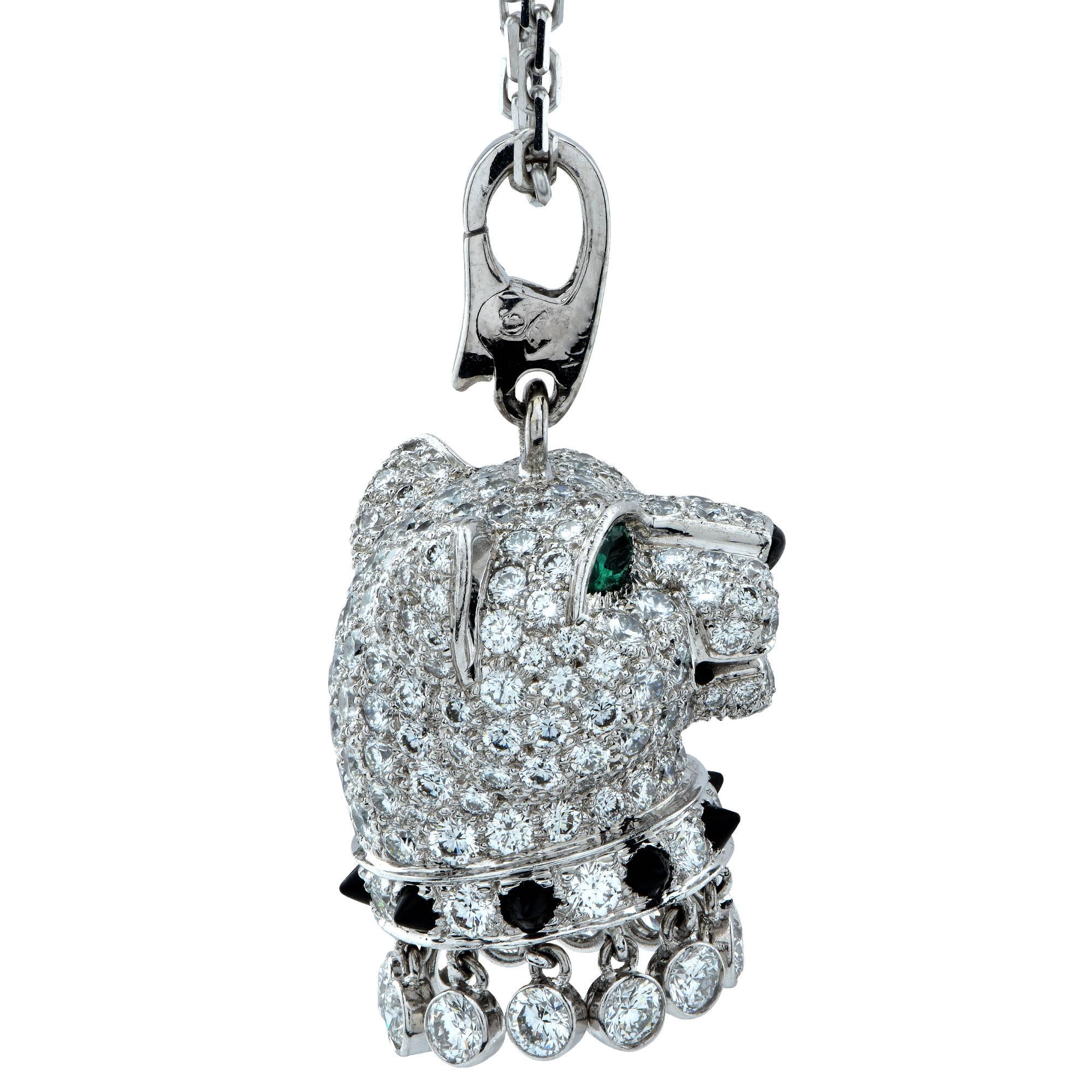 Round Cut Panthere de Cartier Diamond Emerald and Onyx 18 Karat Gold Panther Head Necklace