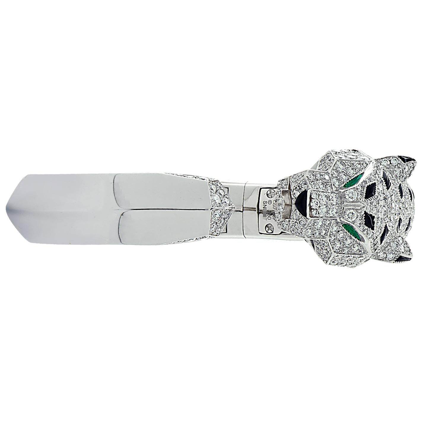 Round Cut Panthere De Cartier Diamond Emerald and Onyx Bracelet 