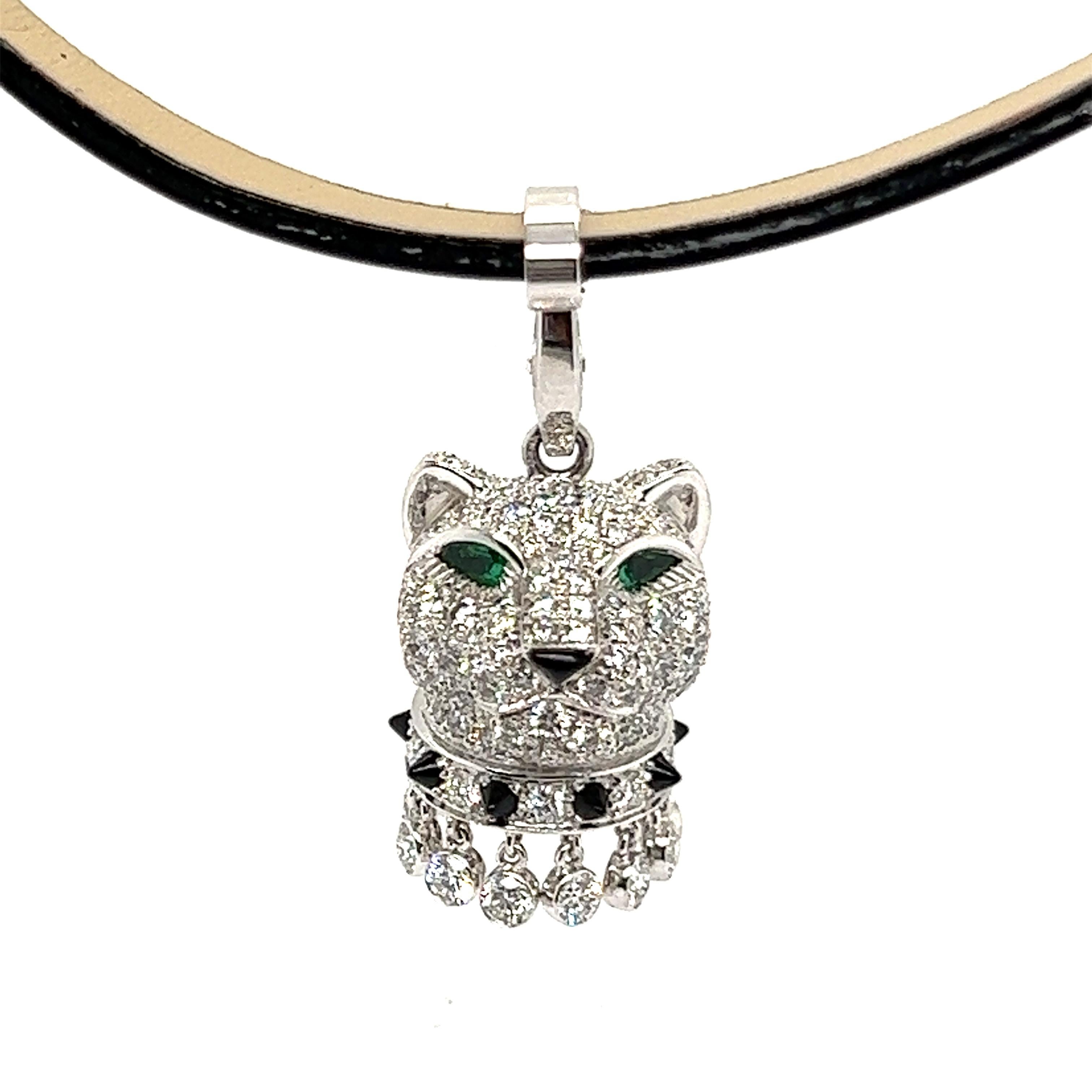 Women's or Men's Panthère De Cartier Diamond, Emerald and Onyx Necklace in 18 Karat White Gold