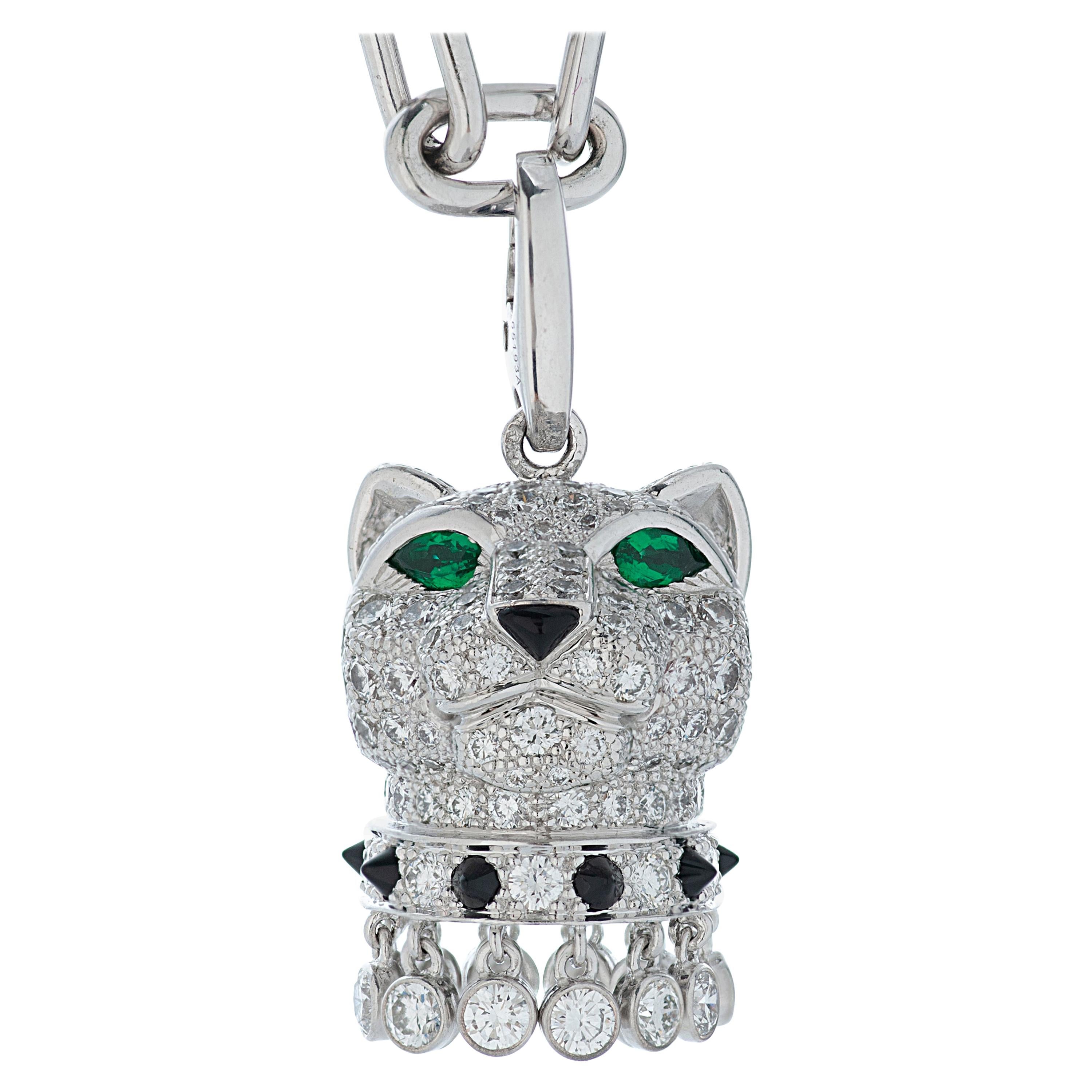 Panthere De Cartier Diamond, Emerald and Onyx Panther Head Pendant in 18kw Gold