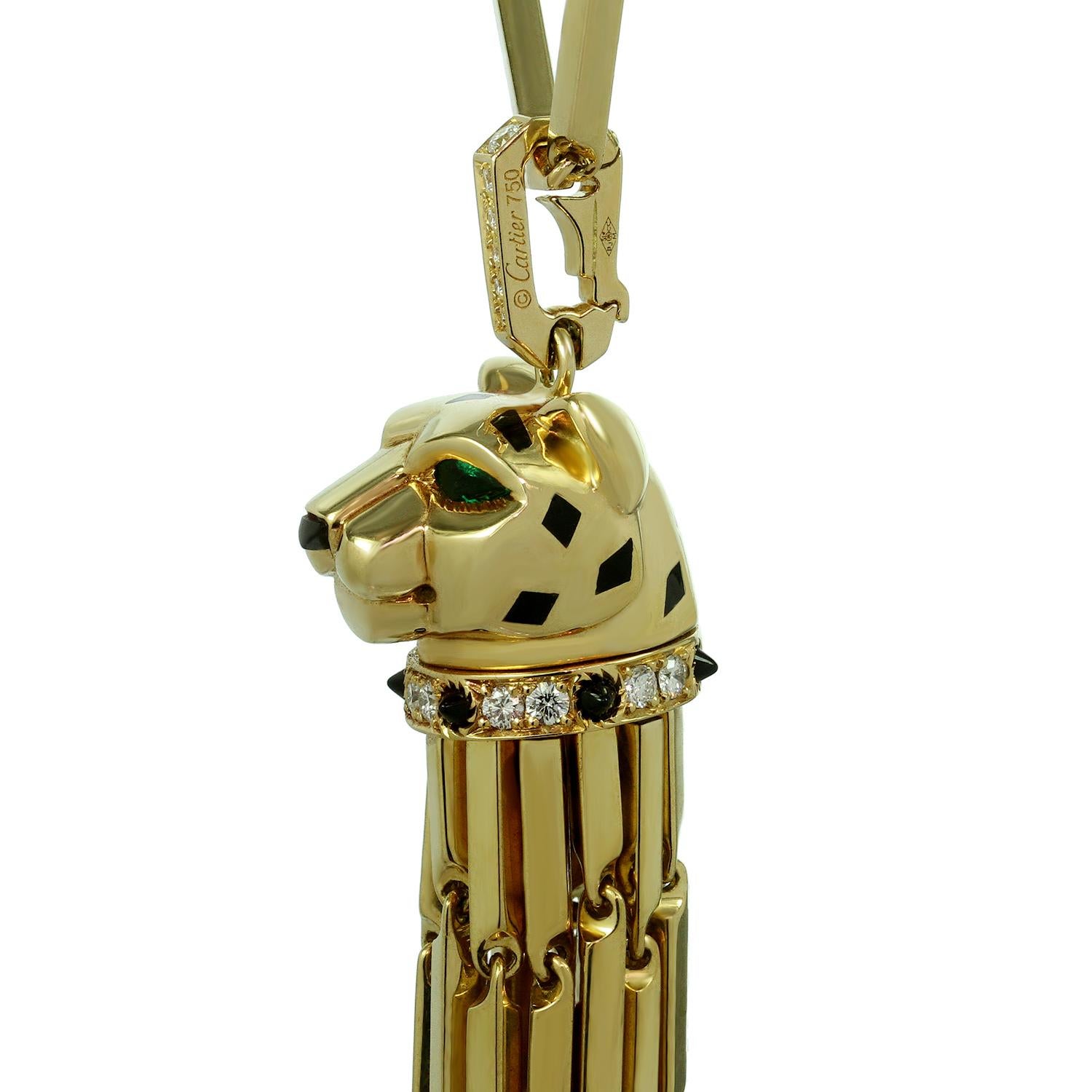 Panthère de Cartier Diamond Emerald Enamel Yellow Gold Tassel Long Necklace 4
