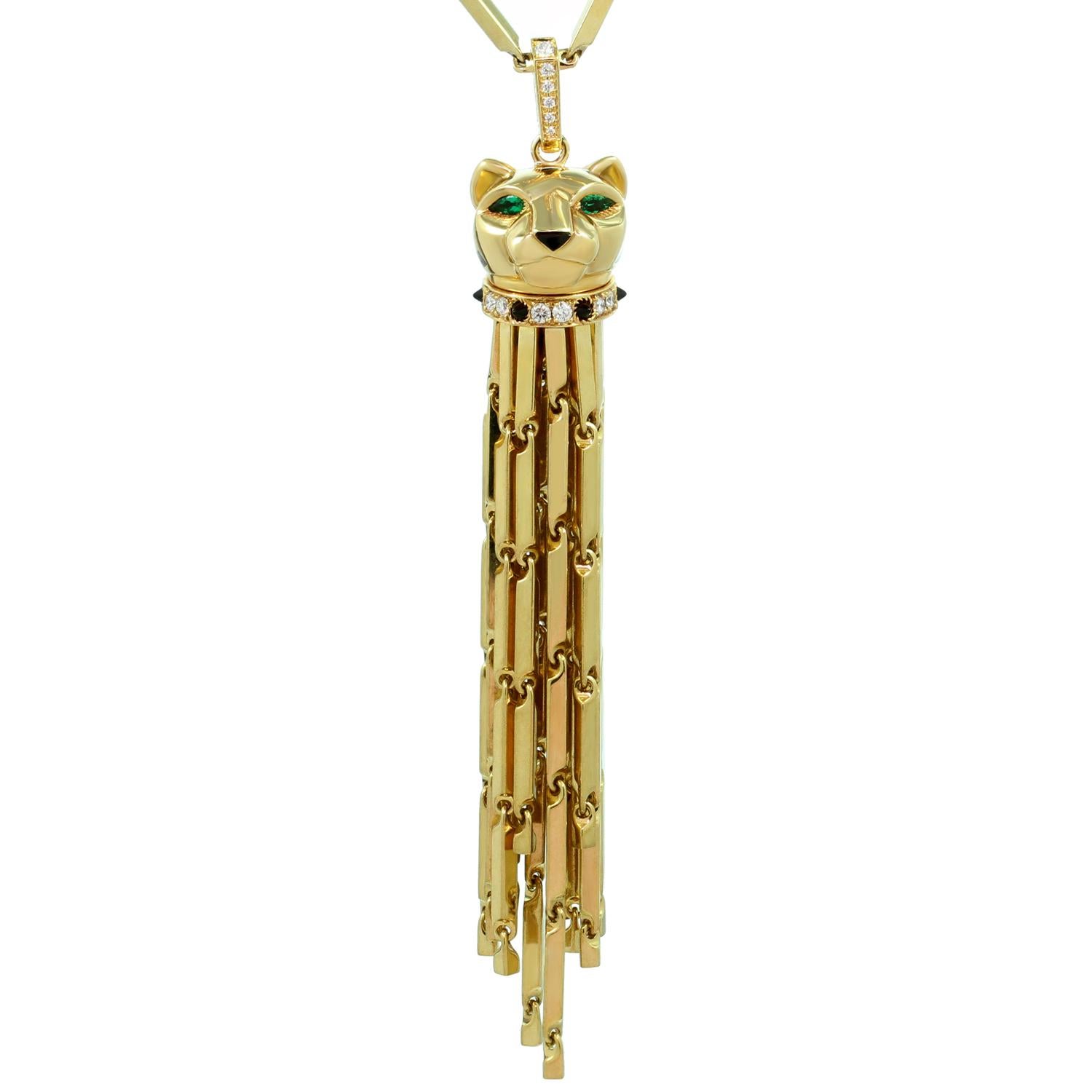Panthère de Cartier Diamond Emerald Enamel Yellow Gold Tassel Long Necklace