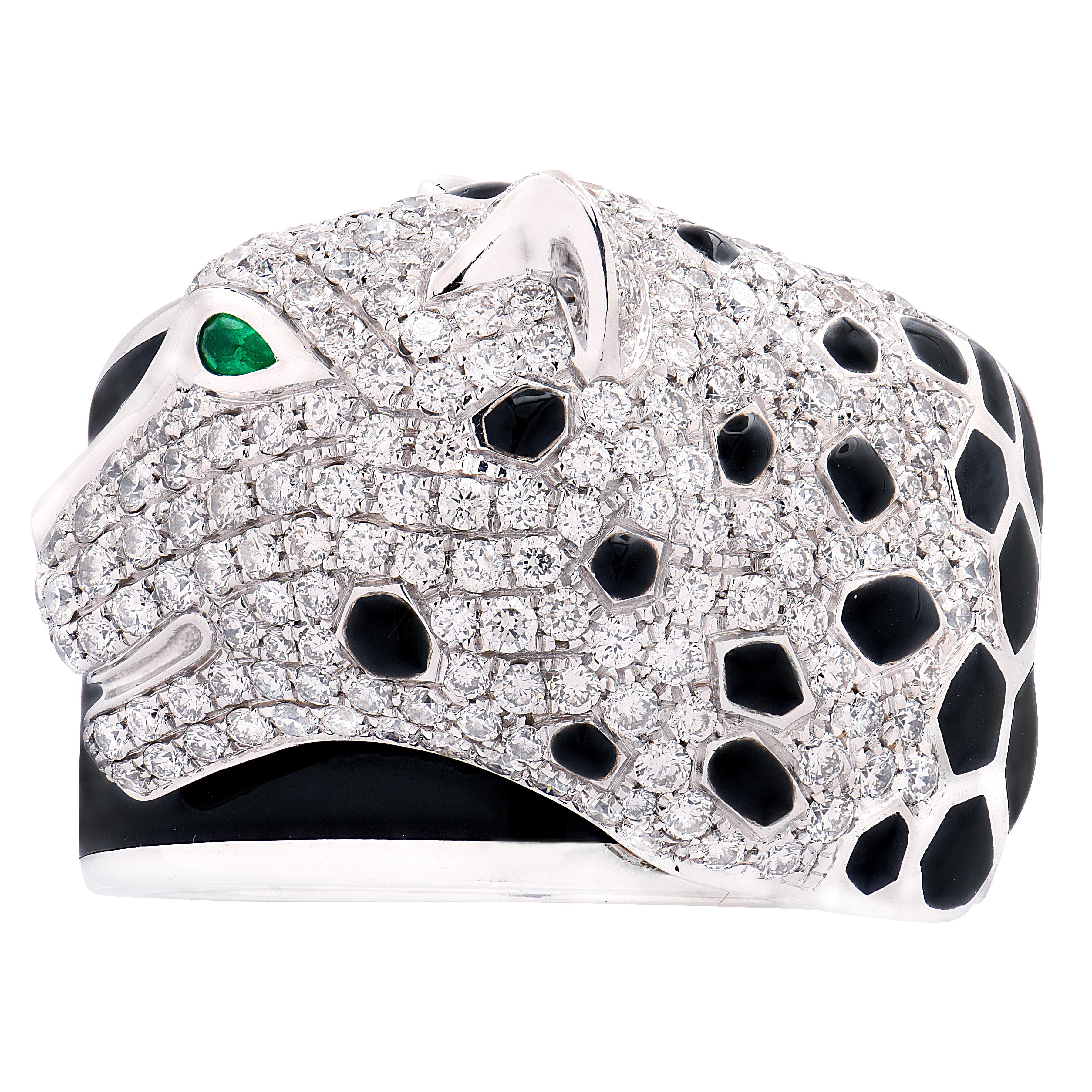 Taglio rotondo Anello con diamanti, smeraldi e lacca Panthère de Cartier in vendita