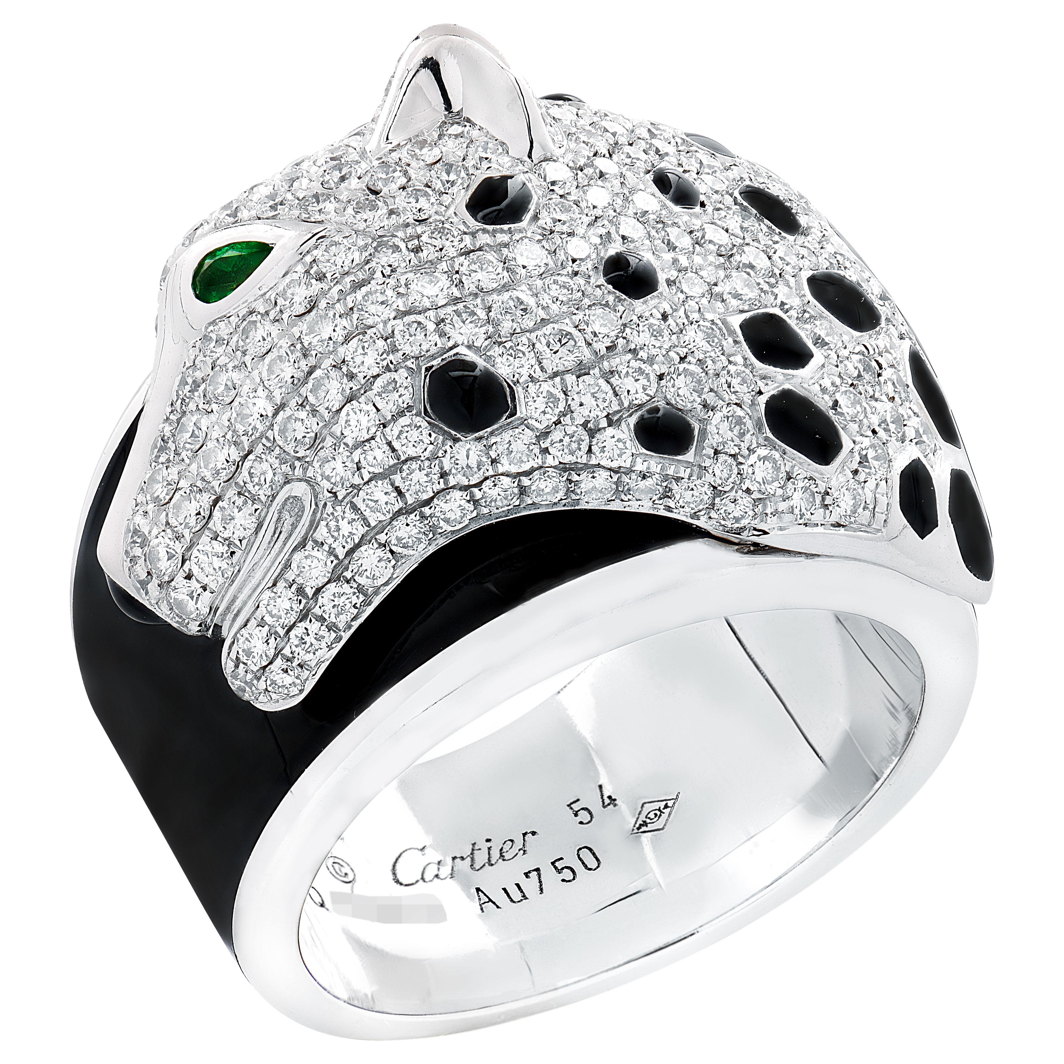 Anello con diamanti, smeraldi e lacca Panthère de Cartier In condizioni ottime in vendita a West Palm Beach, FL