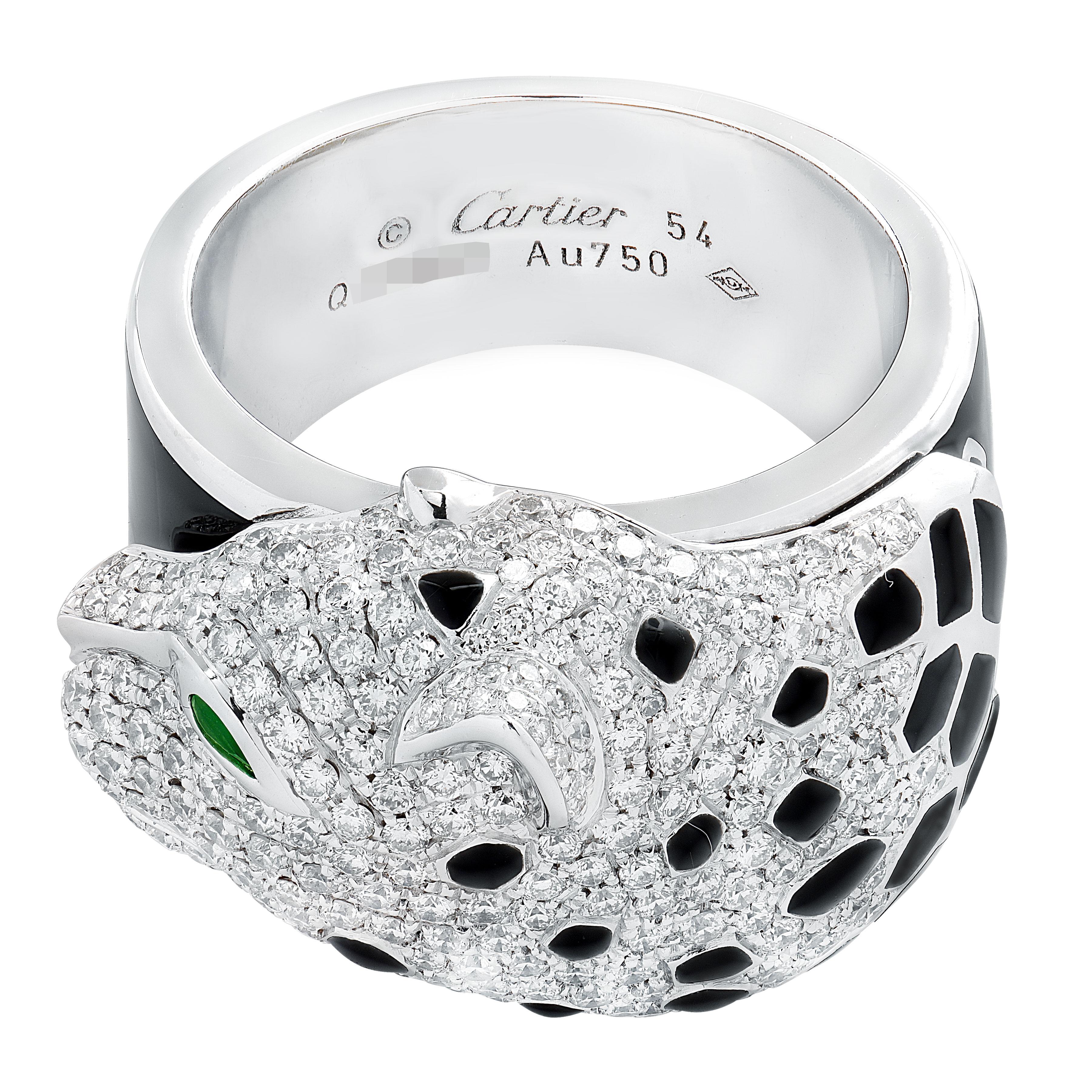 Anello con diamanti, smeraldi e lacca Panthère de Cartier in vendita 1