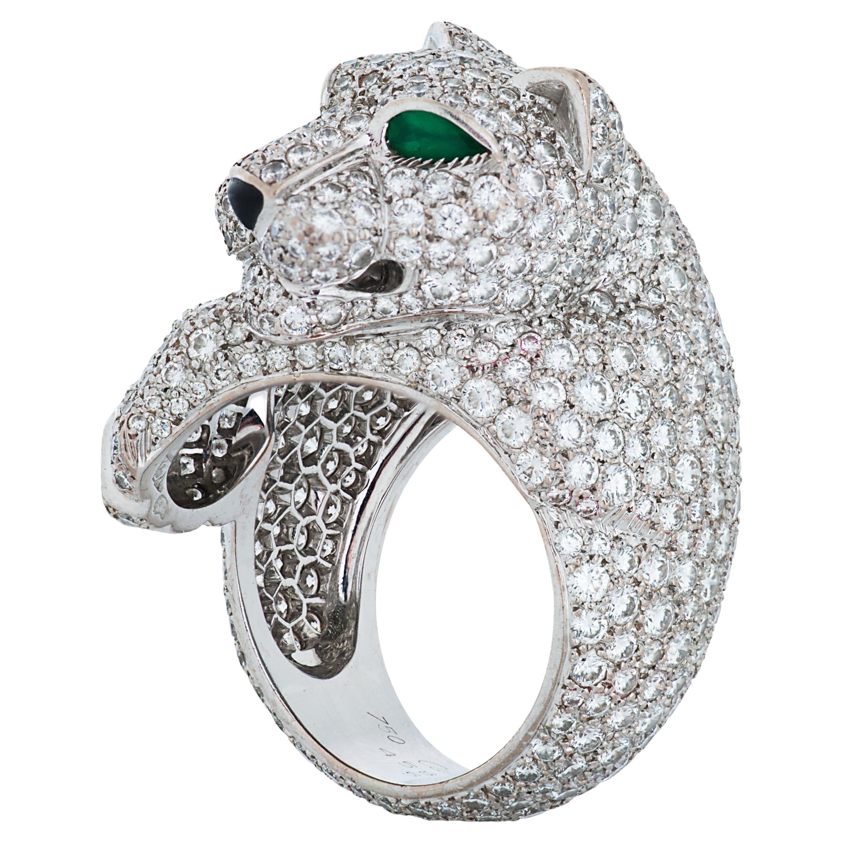 Anillo Panthere De Cartier Cabeza de Pantera de Diamante, Esmeralda y Ónice en Oro Blanco de 18k