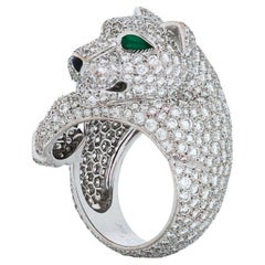 Panthere De Cartier Diamond, Emerald & Onyx Panther Head Ring in 18k White Gold