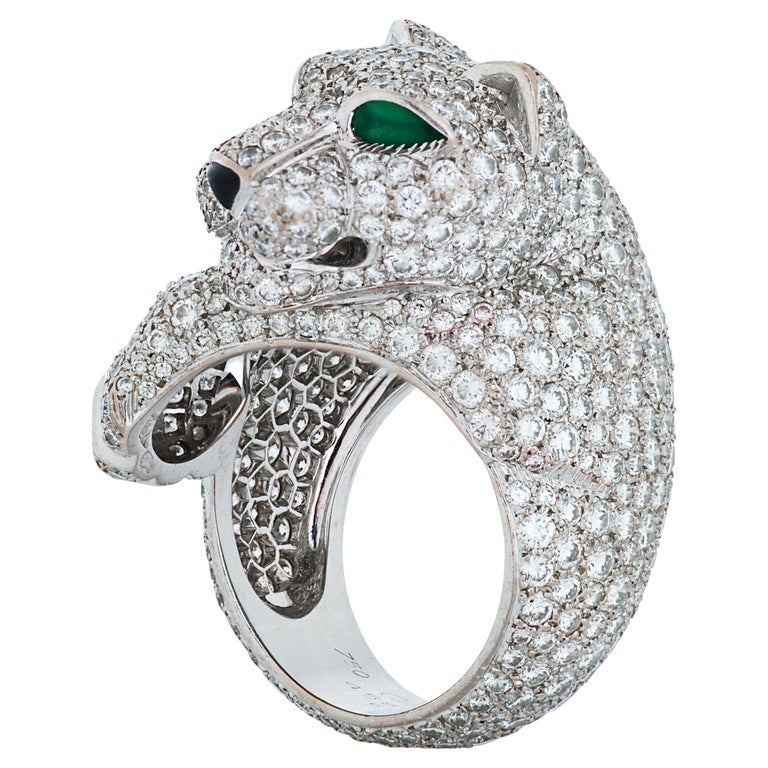 Panthere De Cartier Diamond, Emerald and Onyx Panther Head Ring in 18k  White Gold For Sale at 1stDibs | cartier jaguar ring, panther cartier ring,  cartier diamond ring naples