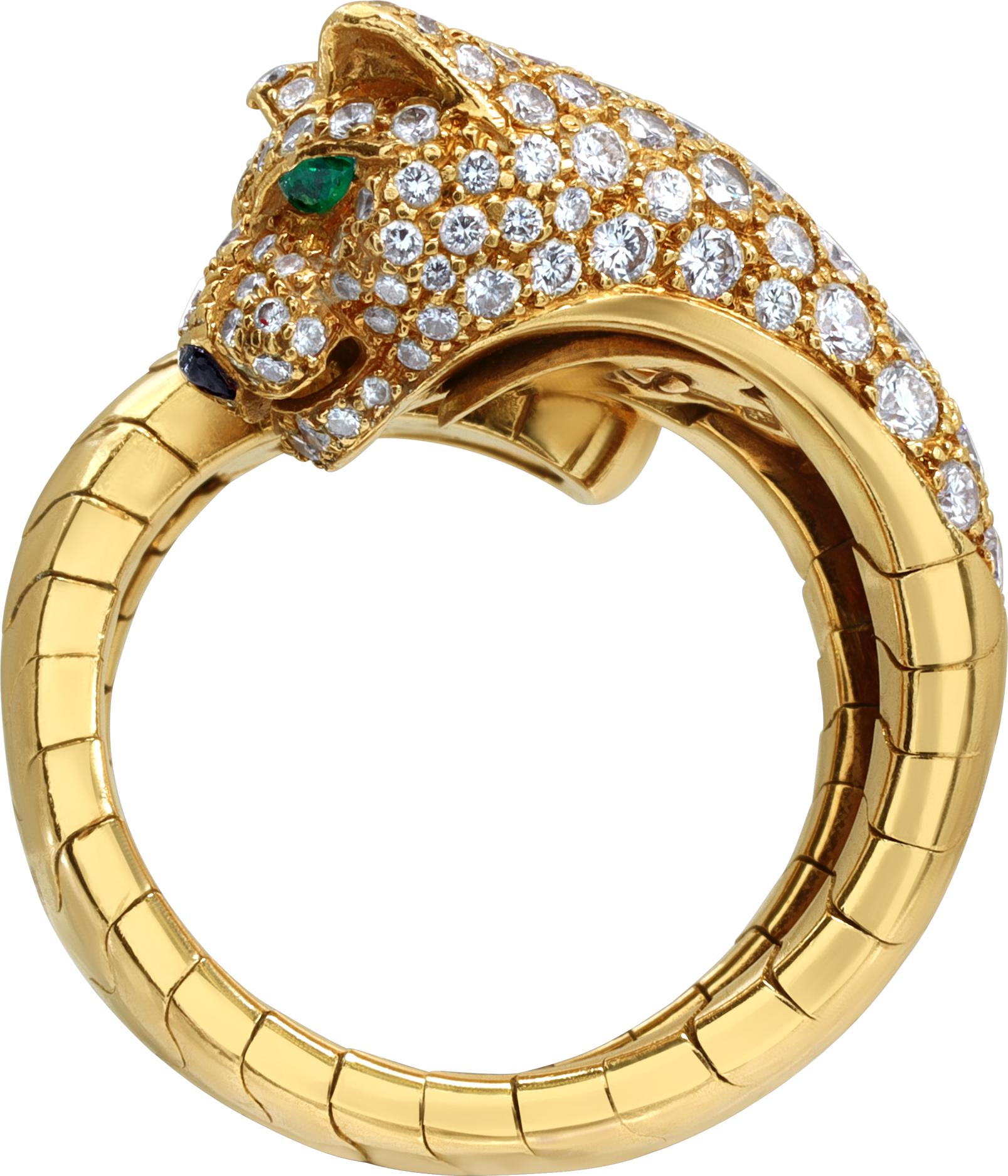 Panthère de Cartier Diamond Emerald Yellow Gold Ring In Excellent Condition For Sale In Surfside, FL