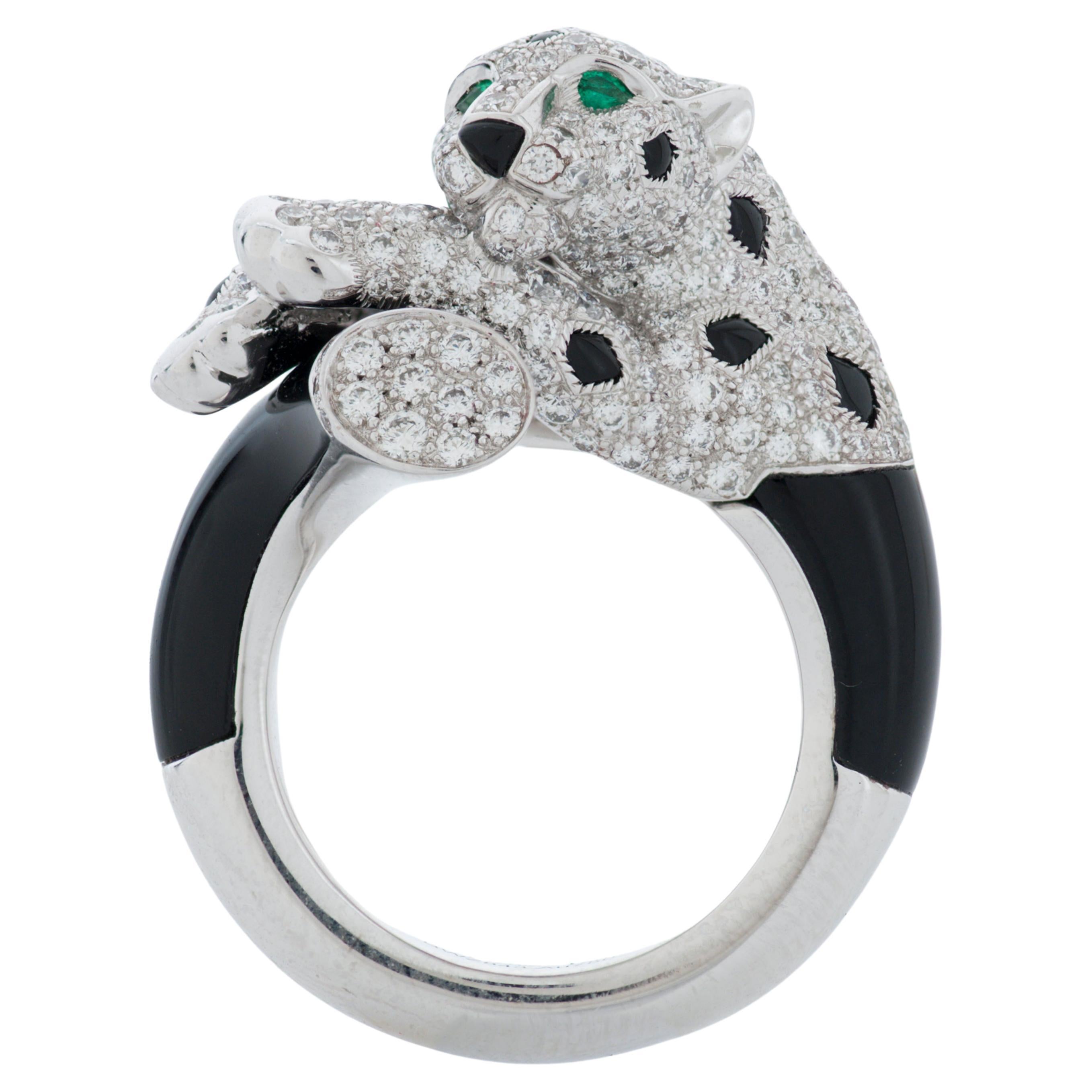 Panthere De Cartier Diamond, Onyx and Emerald Ring in 18kwg with Cartier Box For Sale