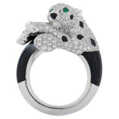 Used Panthere De Cartier Diamond, Onyx and Emerald Ring in 18kwg with Cartier Box