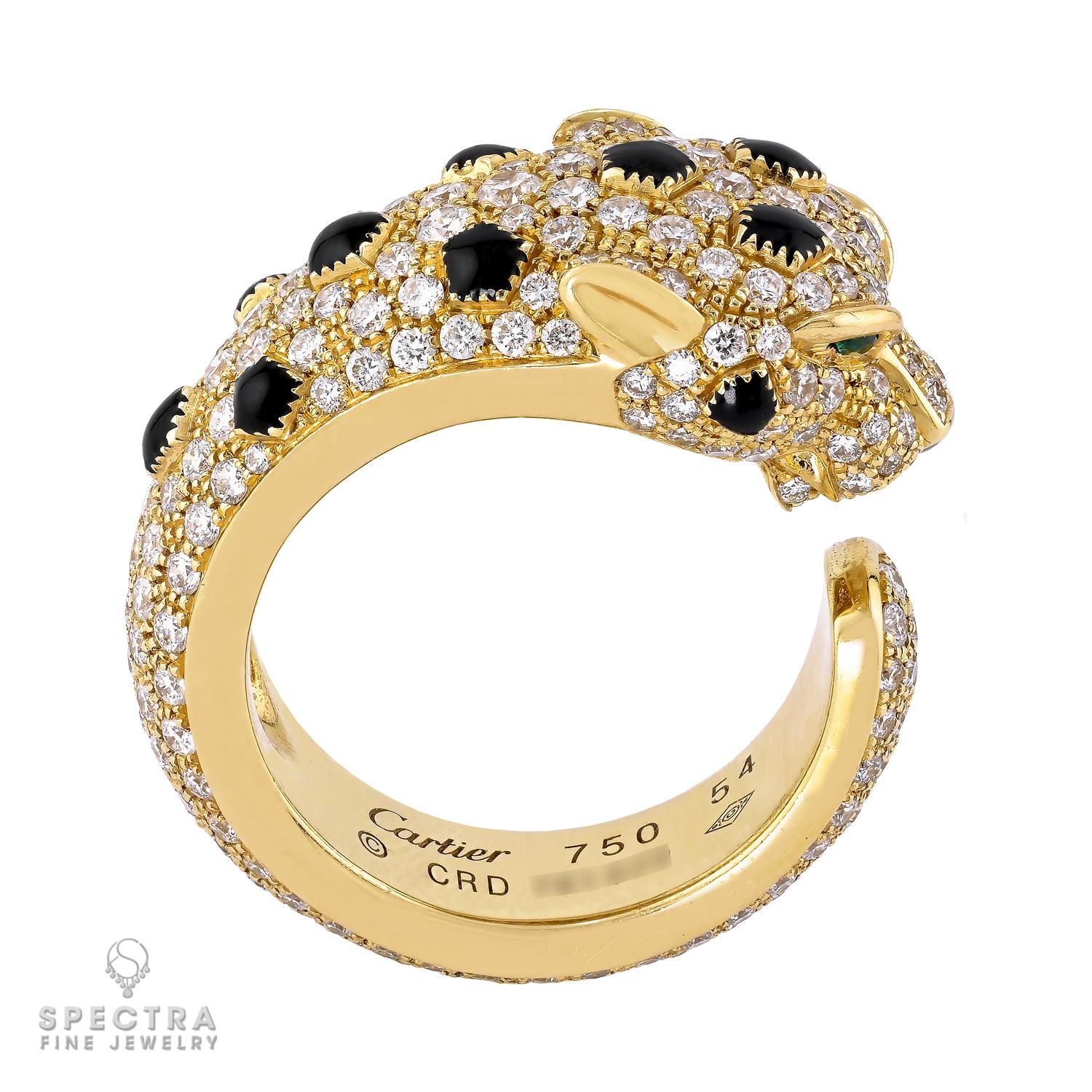 A striking embodiment of Cartier’s iconic feline, this Panthère de Cartier ring captures the spirit of elegance and power. Crafted in 18k yellow gold, the sculptural design brings the panther to life with captivating emerald eyes, a bold onyx nose,