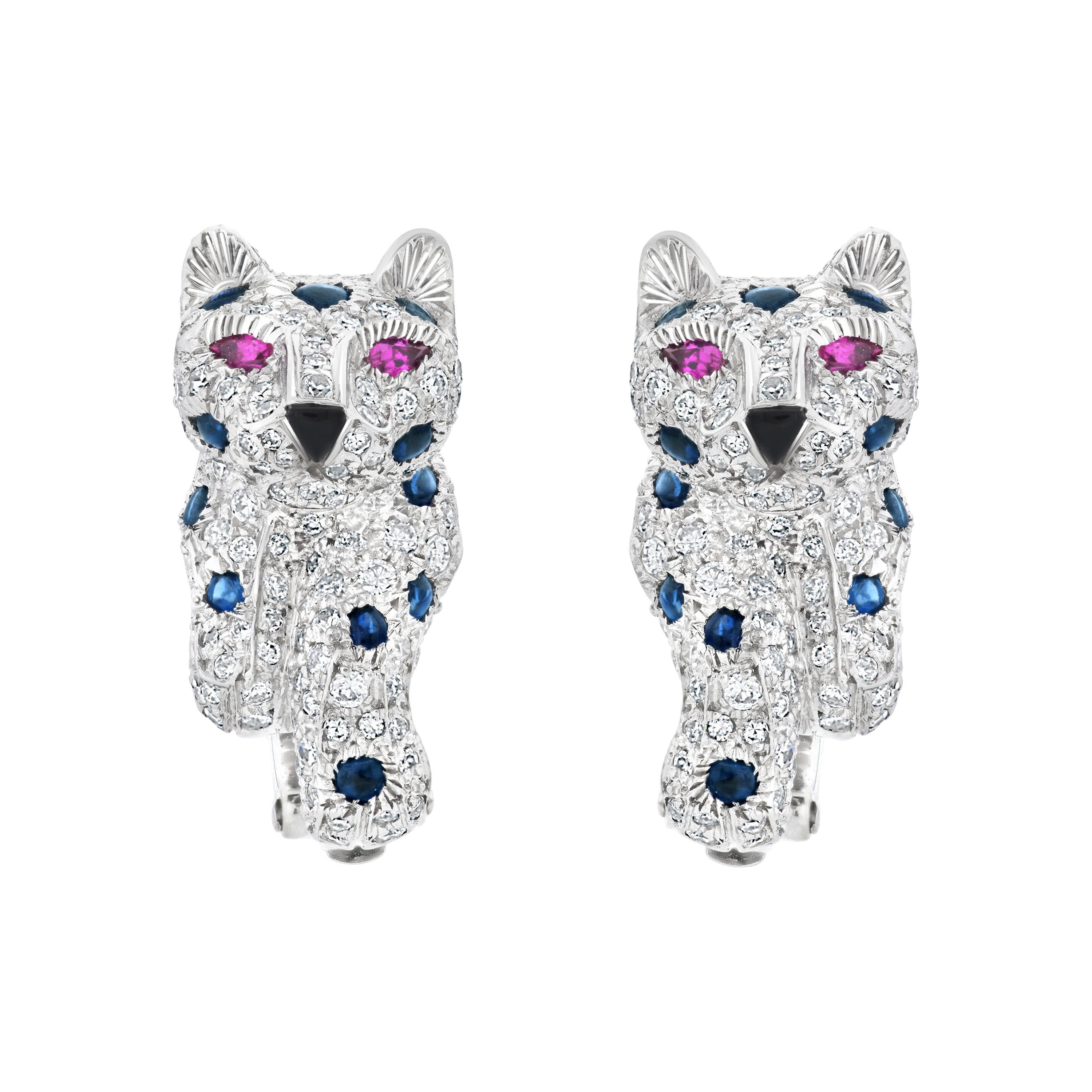 Panthere de Cartier Diamond, Sapphire, and Ruby Earrings in Platinum