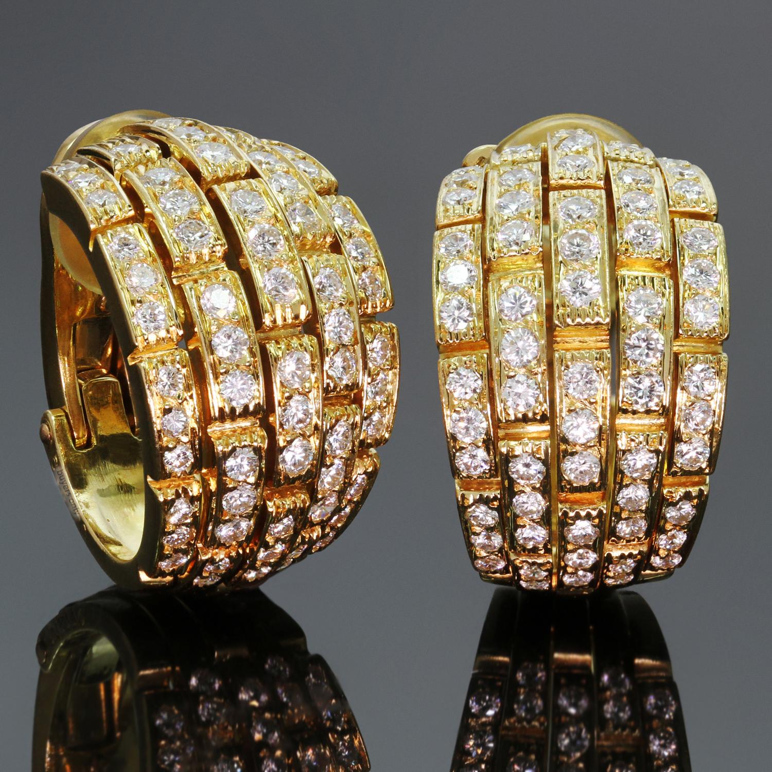 These classic Cartier wrap earrings from the iconic Panthère De Cartier collection feature 5 rows of rectangular links crafted in 18k yellow gold and set with brilliant-cut round diamonds of an estimated 2.00 carats. Made in France circa 2000s.