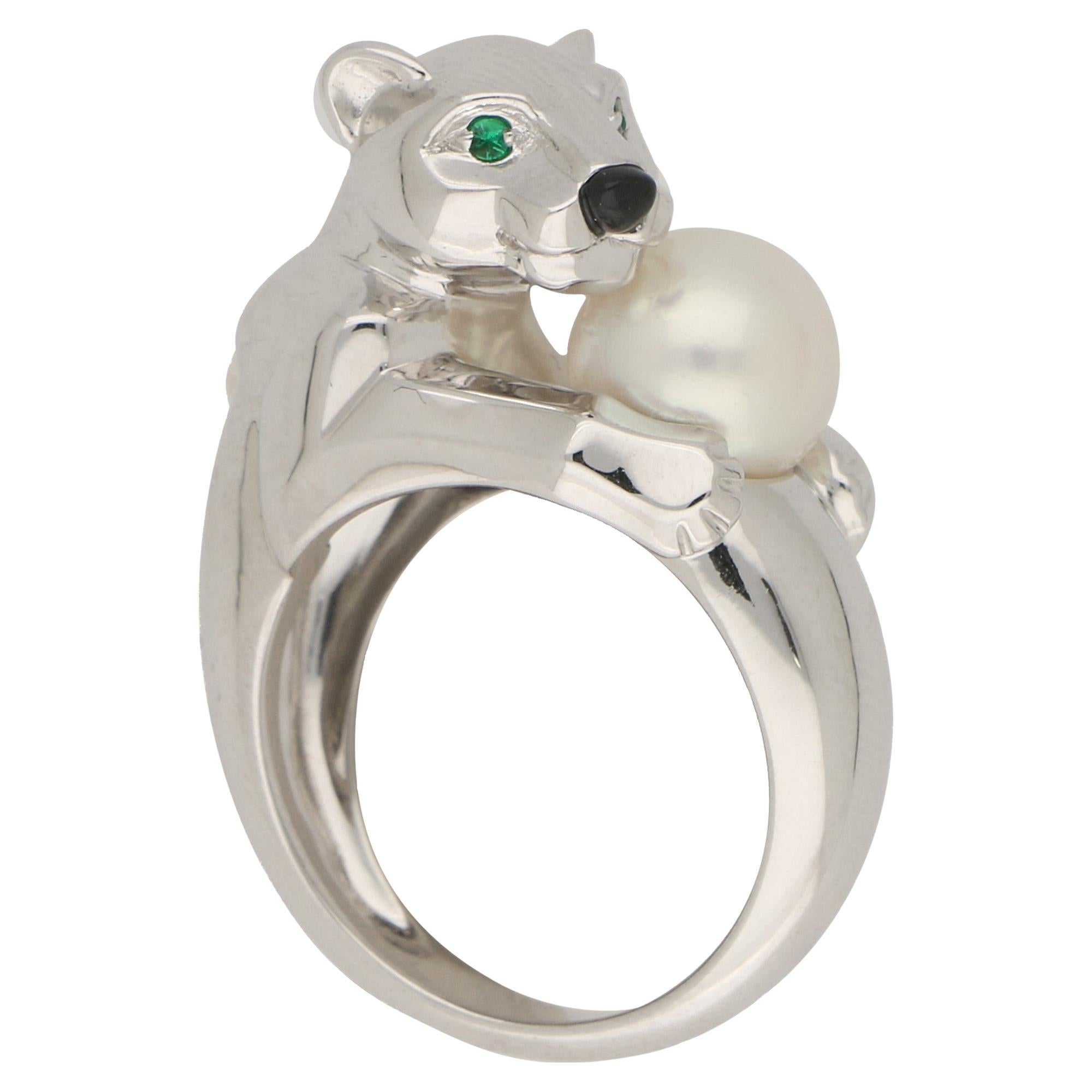 Panthère de Cartier Emerald and Pearl Panther Ring in Solid 18 Karat White Gold