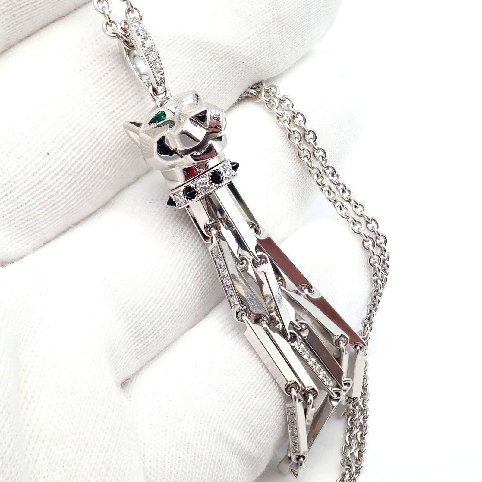 Brilliant Cut Panthere de Cartier Panther Diamond Emerald Onyx White Gold Pendant Necklace For Sale