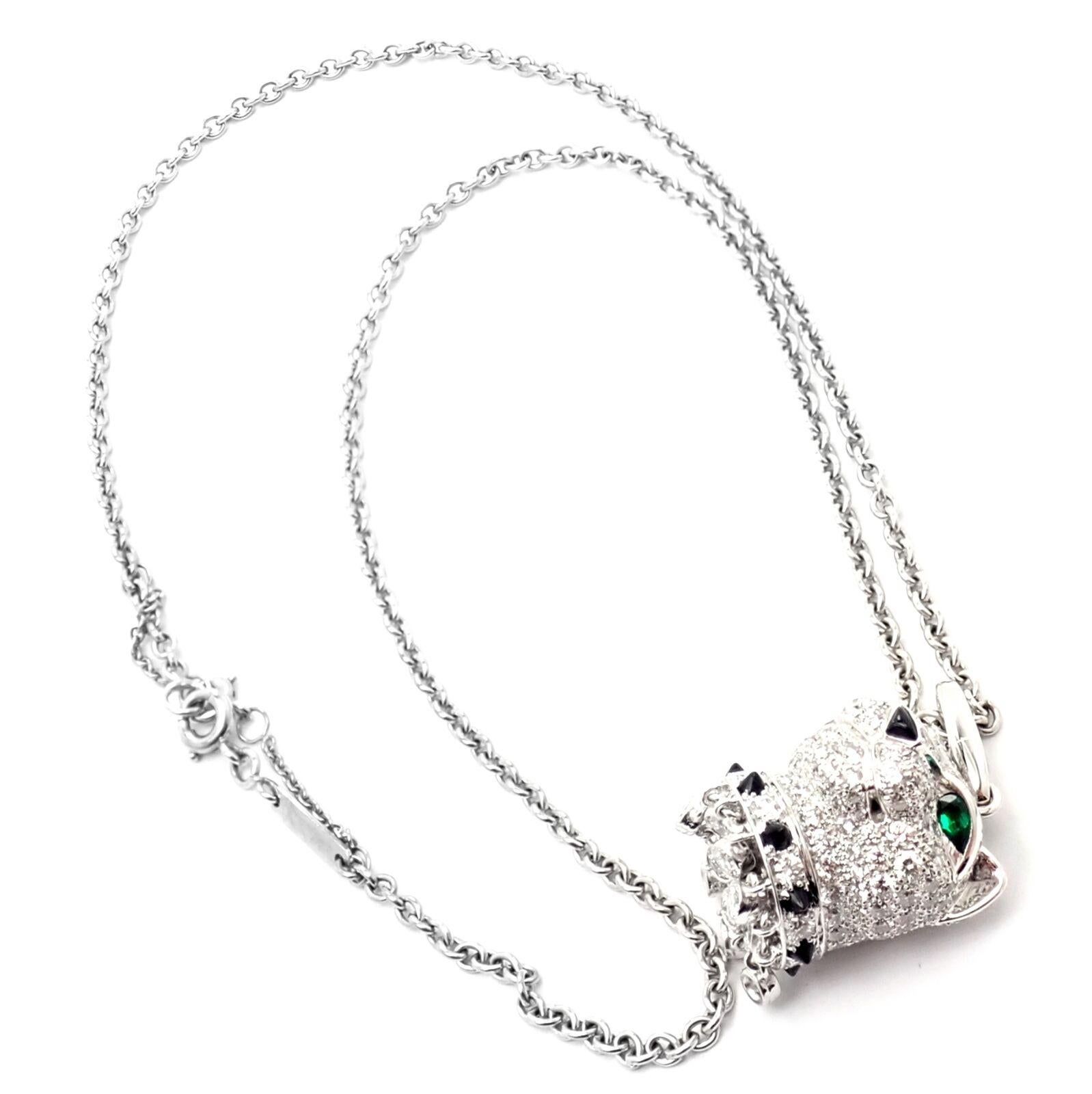 Brilliant Cut Panthere de Cartier Panther Head Diamond Emerald Onyx Pendant Necklace For Sale