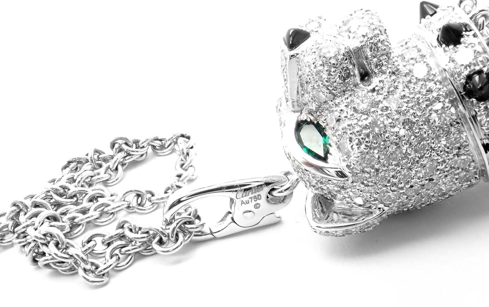 Women's or Men's Panthere de Cartier Panther Head Diamond Emerald Onyx Pendant Necklace For Sale