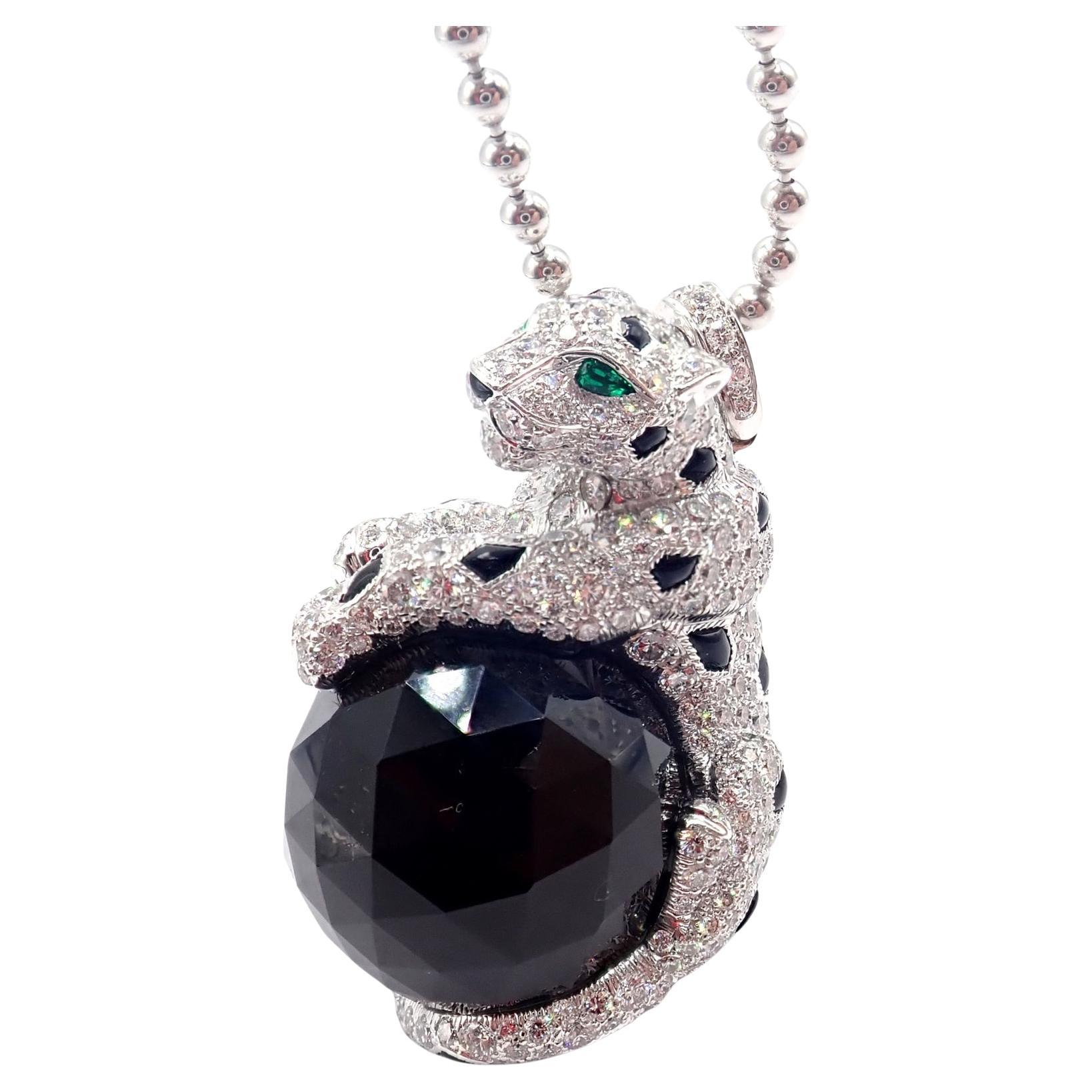 Panthere de Cartier Panther Pave Diamond Emerald Large Onyx Pendant Necklace