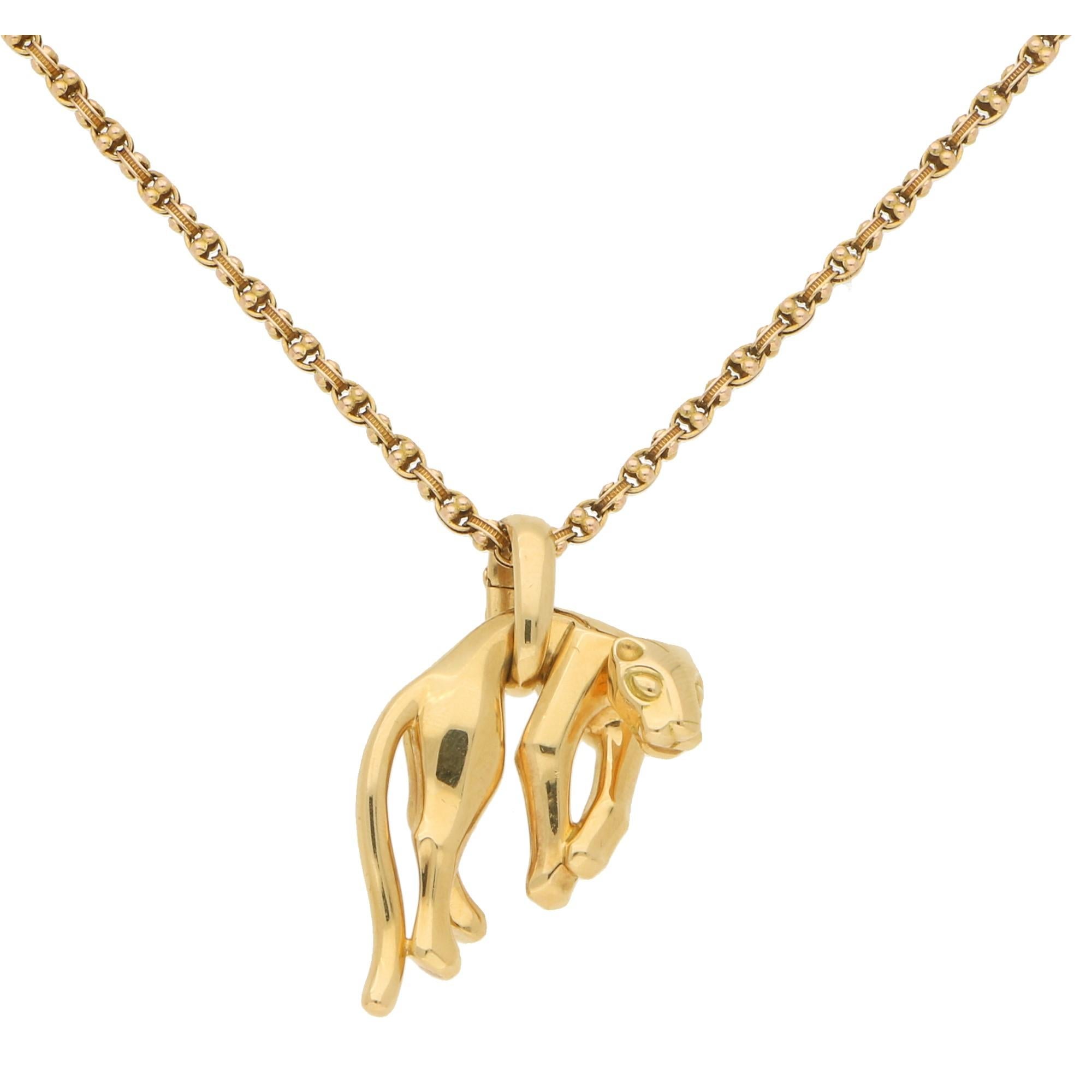 A beautiful Cartier ‘Panthere De Cartier’ pendant set in solid 18k yellow gold, circa 1991. 

The pendant depicts Cartier’s most iconic feline creature, the panther, and he hangs elegantly on a click shut bail.

The panther measures approximately 4