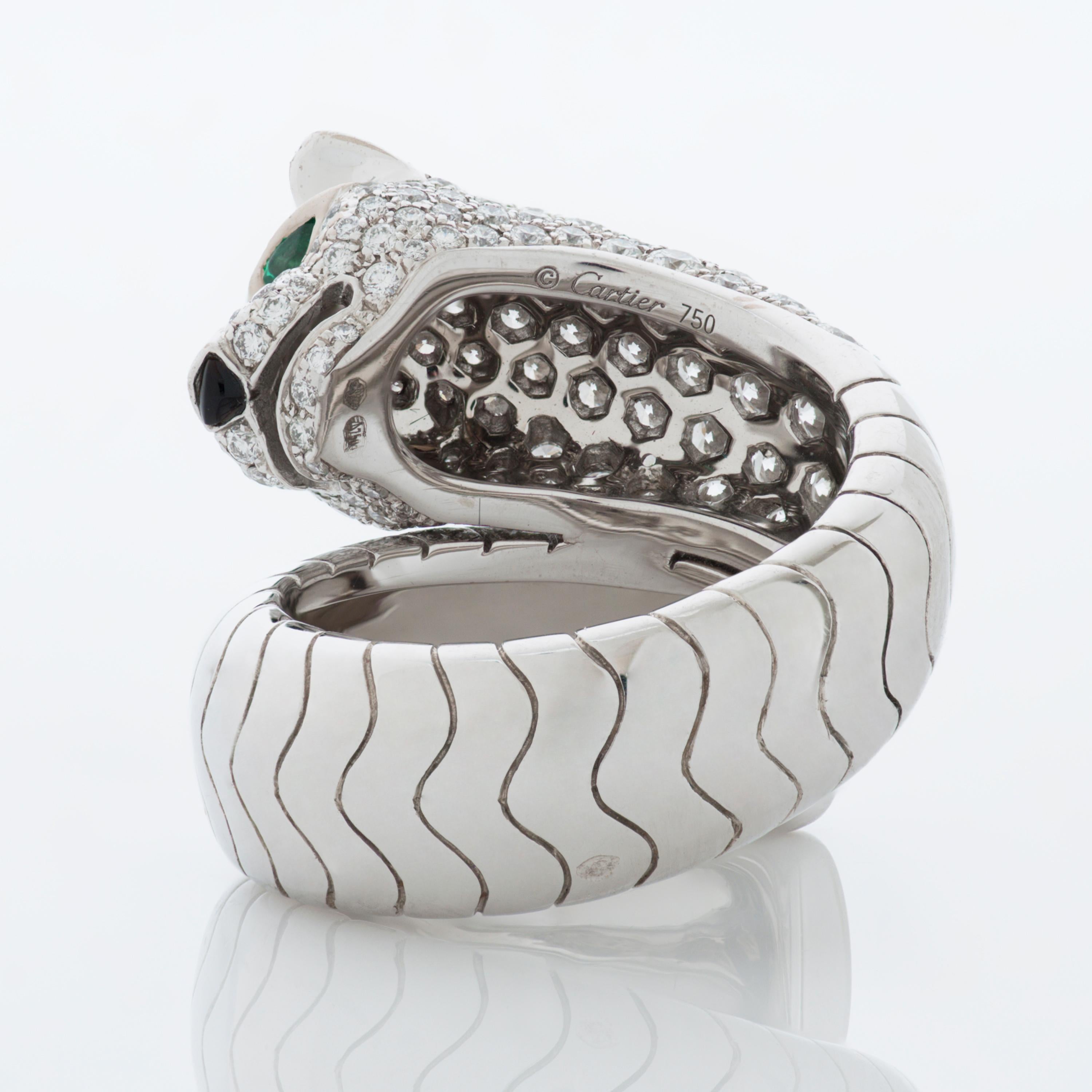 Round Cut Panthere De Cartier Pave Diamond, Emerald and Onyx Bypass Ring in 18k White Gold