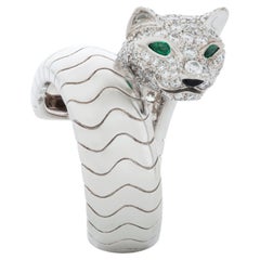 Panthere De Cartier Pave Diamond, Emerald and Onyx Bypass Ring in 18k White Gold