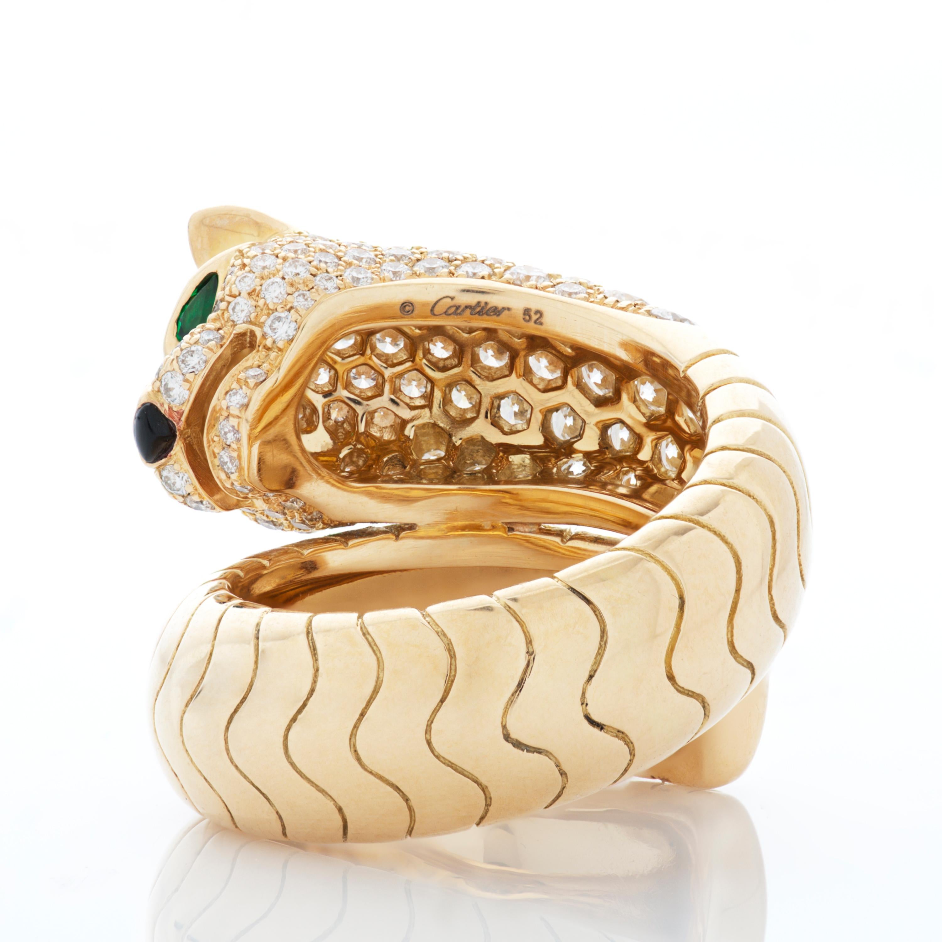 Round Cut Panthere De Cartier Pave Diamond, Emerald & Onyx Bypass Ring in 18k Yellow Gold
