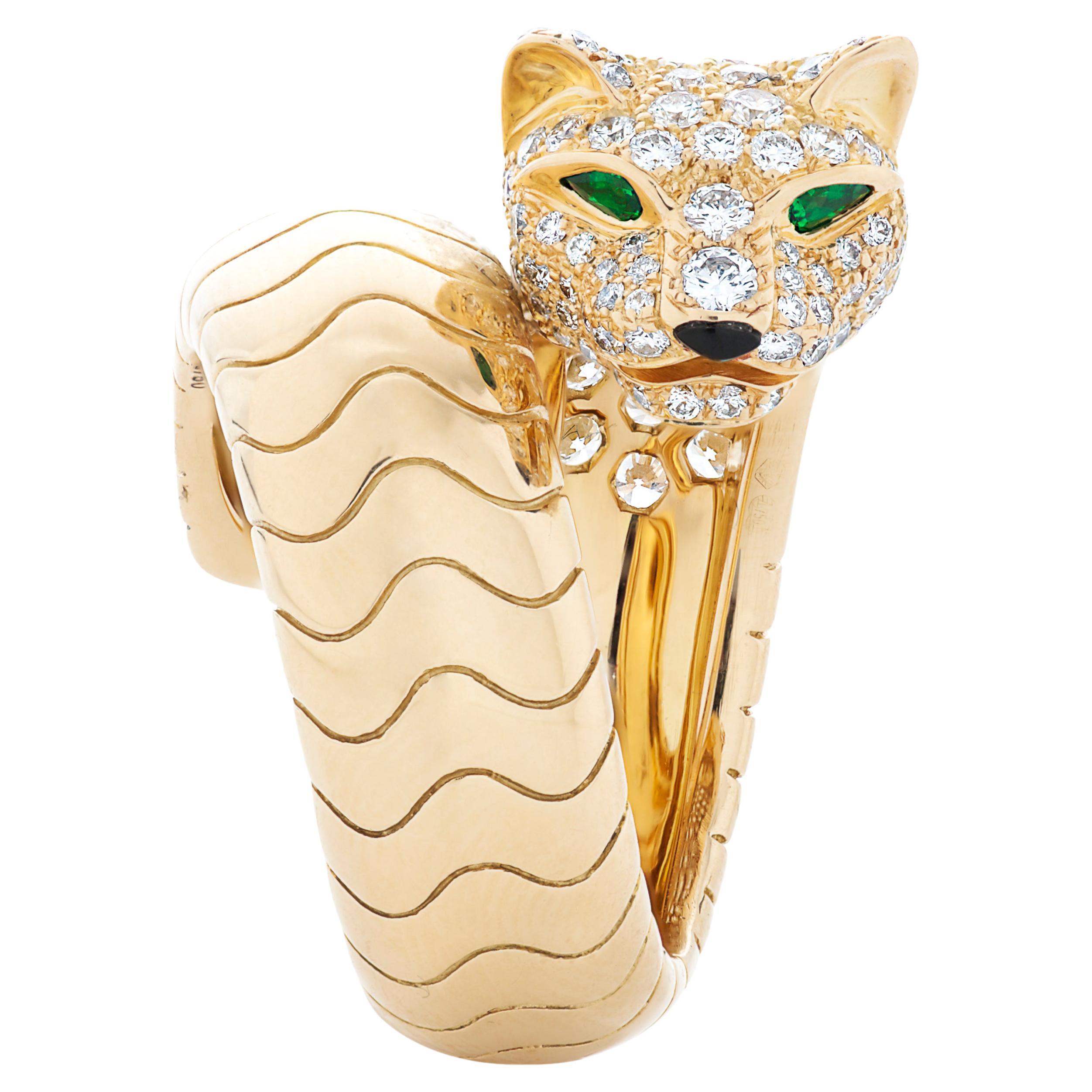 Panthere De Cartier Pave Diamond, Emerald & Onyx Bypass Ring in 18k Yellow Gold