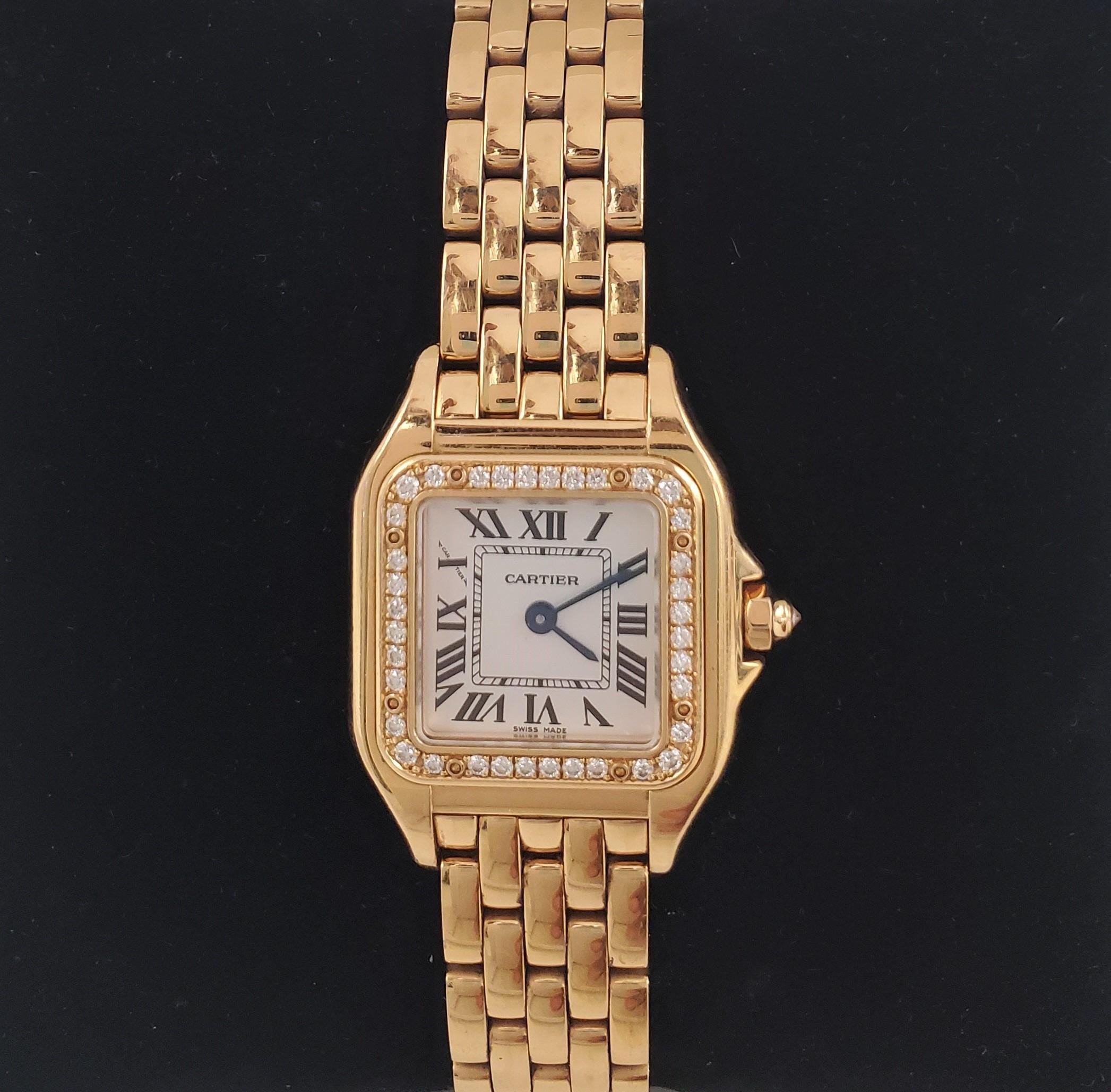 Classic Panthere de Cartier watch crafted in 18 karat pink gold with diamond bezel. The rectangular watch case measures 22 x 30mm and the bezel is set with an estimated 0.37 carats of round brilliant cut diamonds (E-F color, VS clarity). Diamond