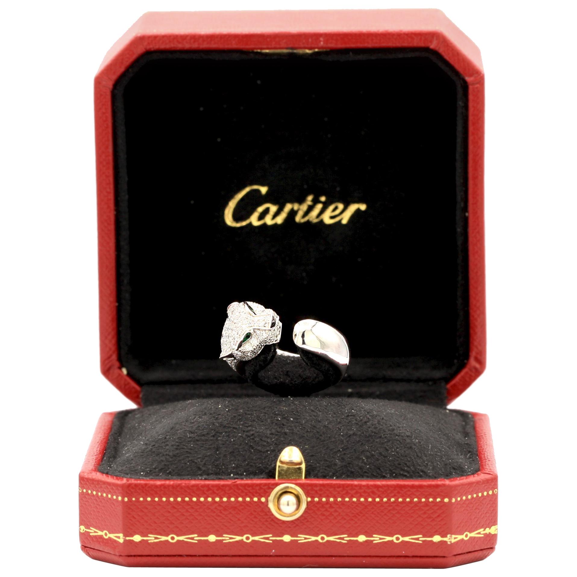 Panthère de Cartier Ring 18 Karat Gold with Pave Diamonds, Emeralds, and Onyx For Sale