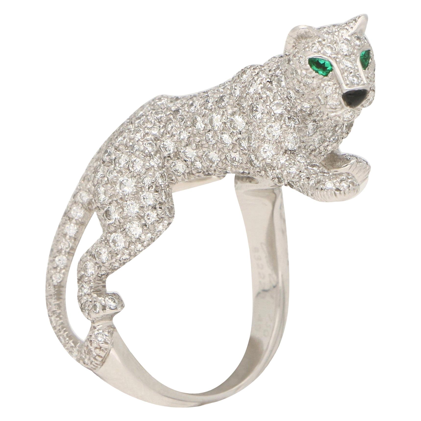 Cartier Diamond and Green Garnet Walking Panther Ring Set in 18k White Gold  at 1stDibs | cartier panther ring, cartier walking panther ring, cartier  cheetah ring