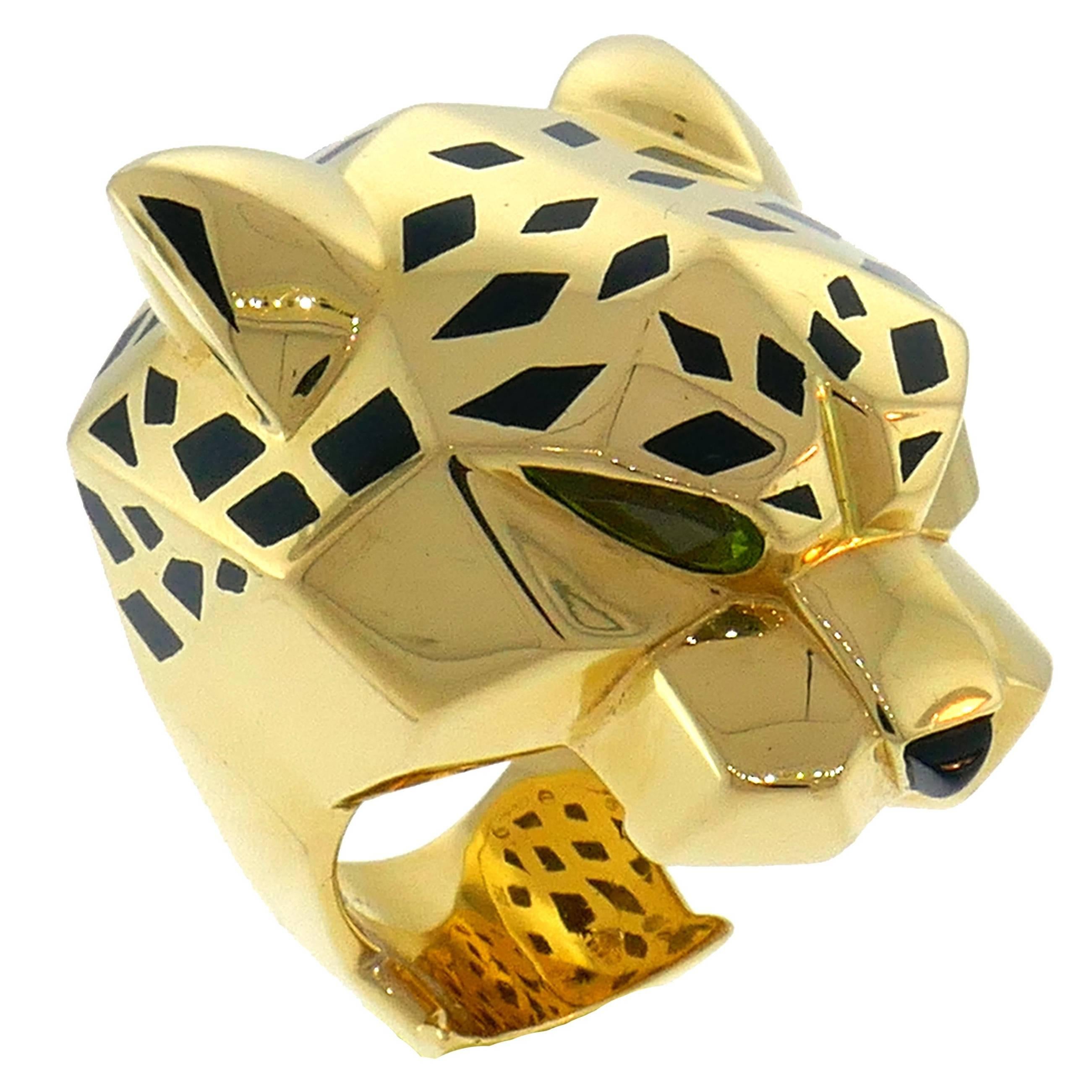 Panthere de Cartier Yellow Gold Ring Black Lacquer Onyx Peridot