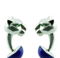 Panthere Panther Emerald Lapis Lazuli Enamel Silver Cufflinks