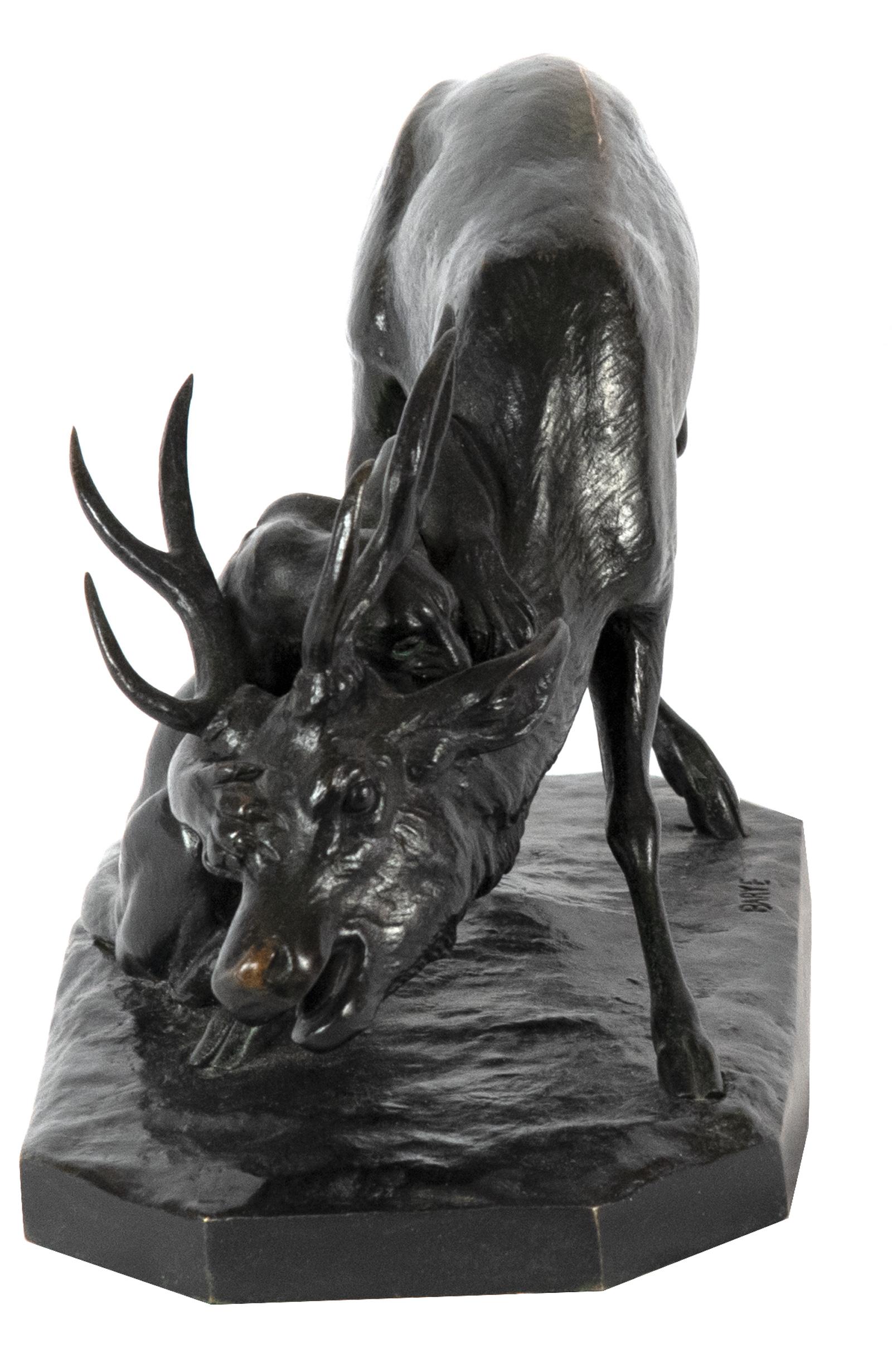 Considered one the most famous sculptors of the nineteenth century Antoine-Louis Barye specialized in depicting animals from monuments to smaller works, like this, destined for fine homes. 

Barye began his career as a goldsmith, studied at the