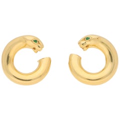 Vintage Panthere with Emerald Eyes Hoop Earrings in Yellow Gold, circa 1996