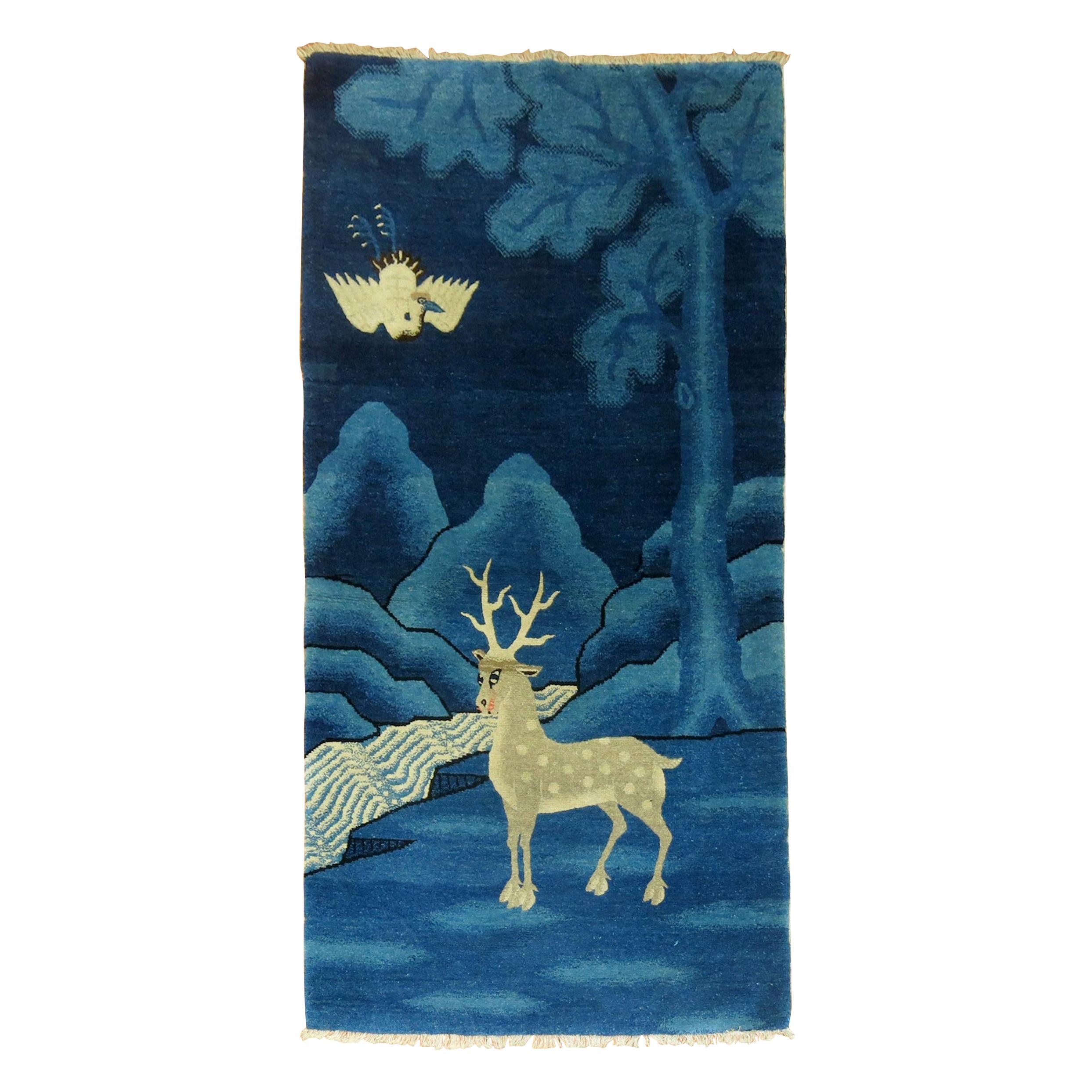 Pantone Classic Blue Antique Tibetan Pictorial Deer Rug