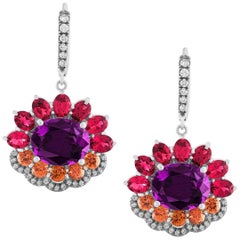 Pantone18  Ultra Violet Garnet  Red Spinels Orange Sapphires 18 K Gold Earrings