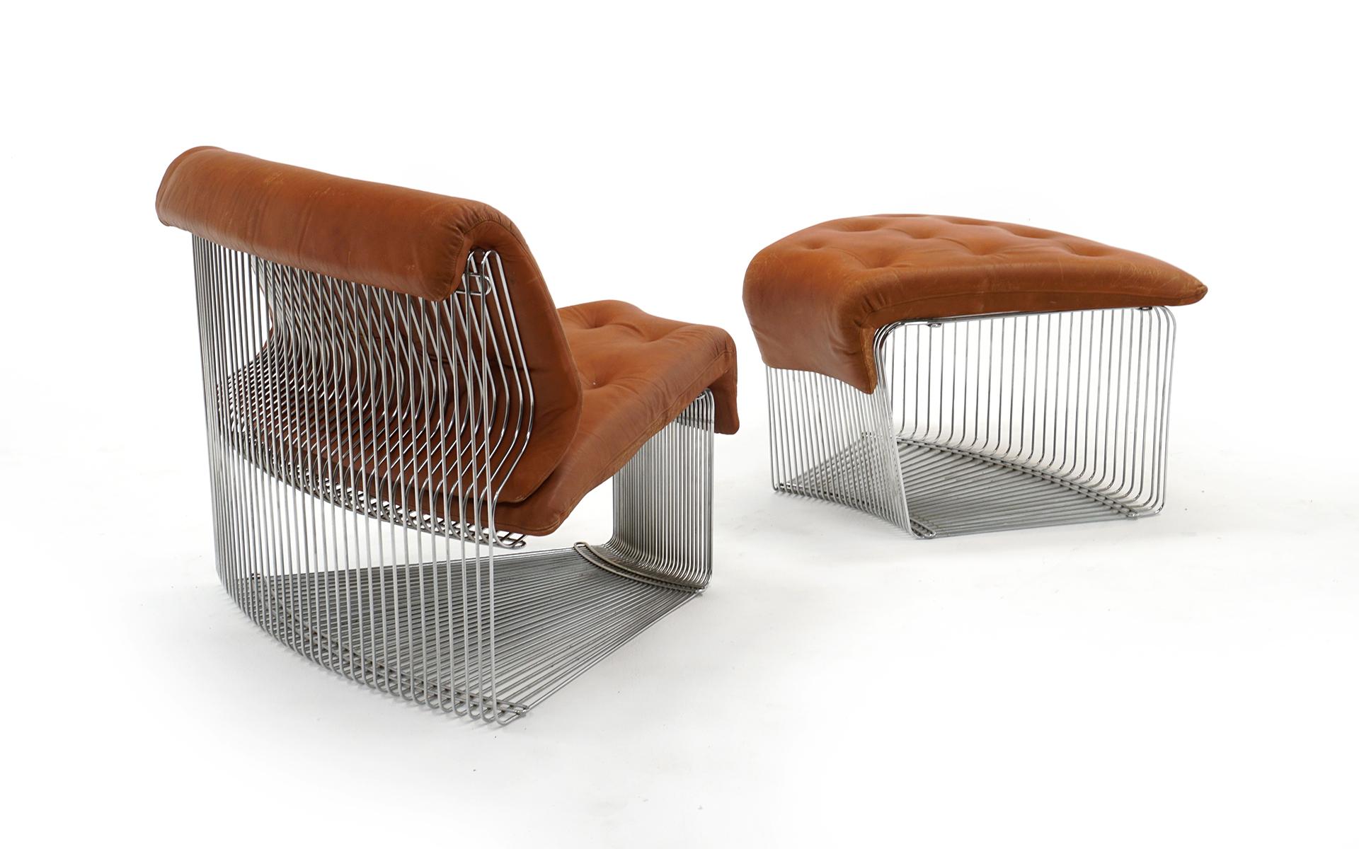 Mid-Century Modern Pantonova Chair and Ottoman by Verner Panton, Chrome Steel and Cognac Leather For Sale