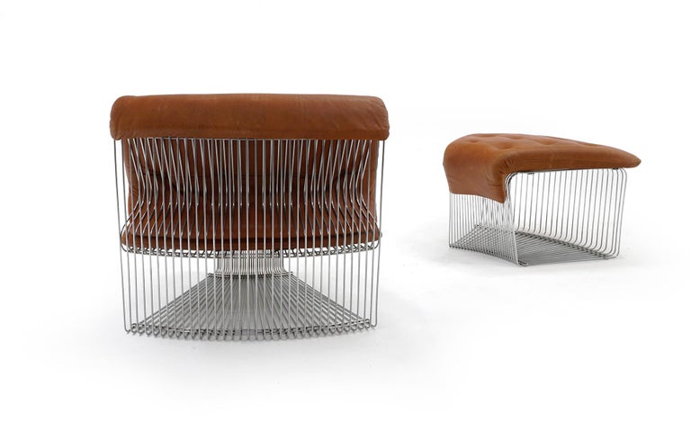 Danish Pantonova Chair and Ottoman by Verner Panton, Chrome Steel and Cognac Leather For Sale