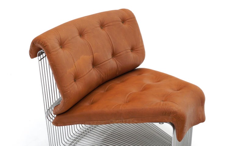 Pantonova Chair and Ottoman by Verner Panton, Chrome Steel and Cognac Leather In Good Condition For Sale In Kansas City, MO